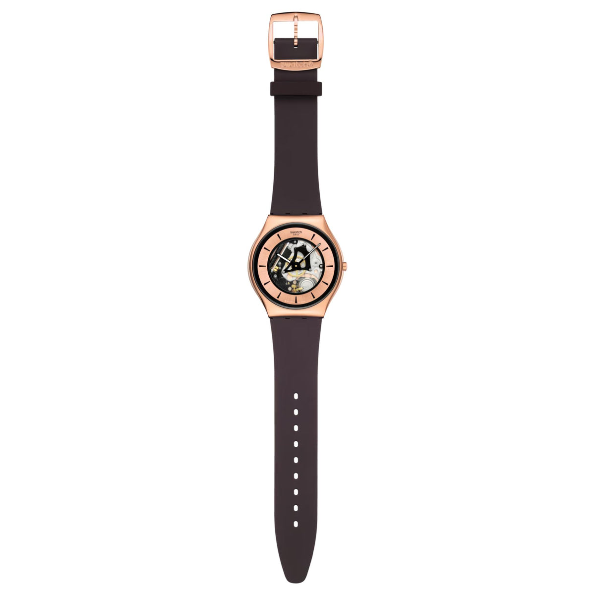 Skeleton dial silicone watch with copper-tone case and dark strap on full view
