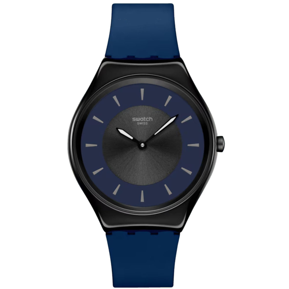 Swatch silicone watch with blue strap, black dial, silver hour markers and hands