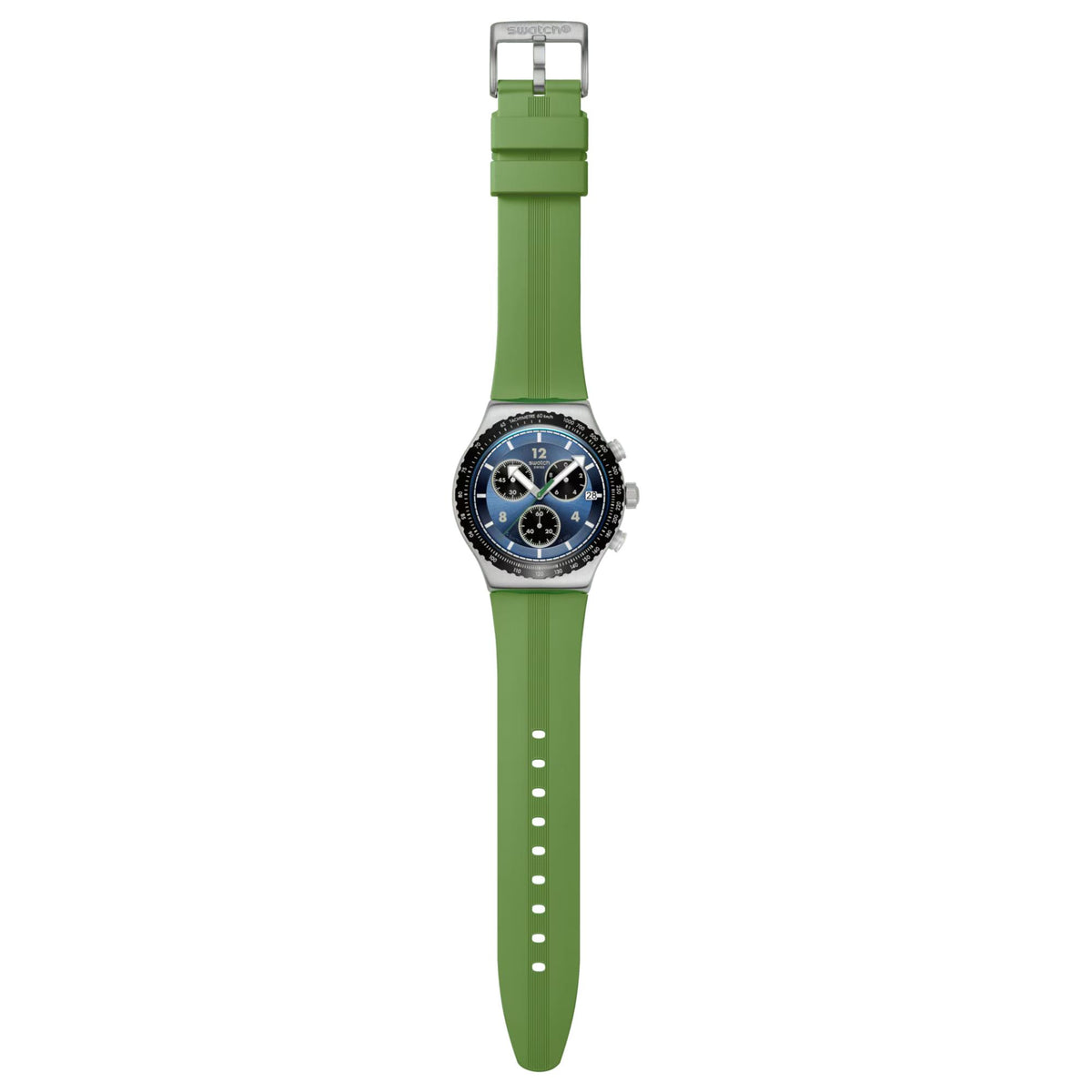 Swatch silicone watch with green strap, blue dial, and silver case, side profile
