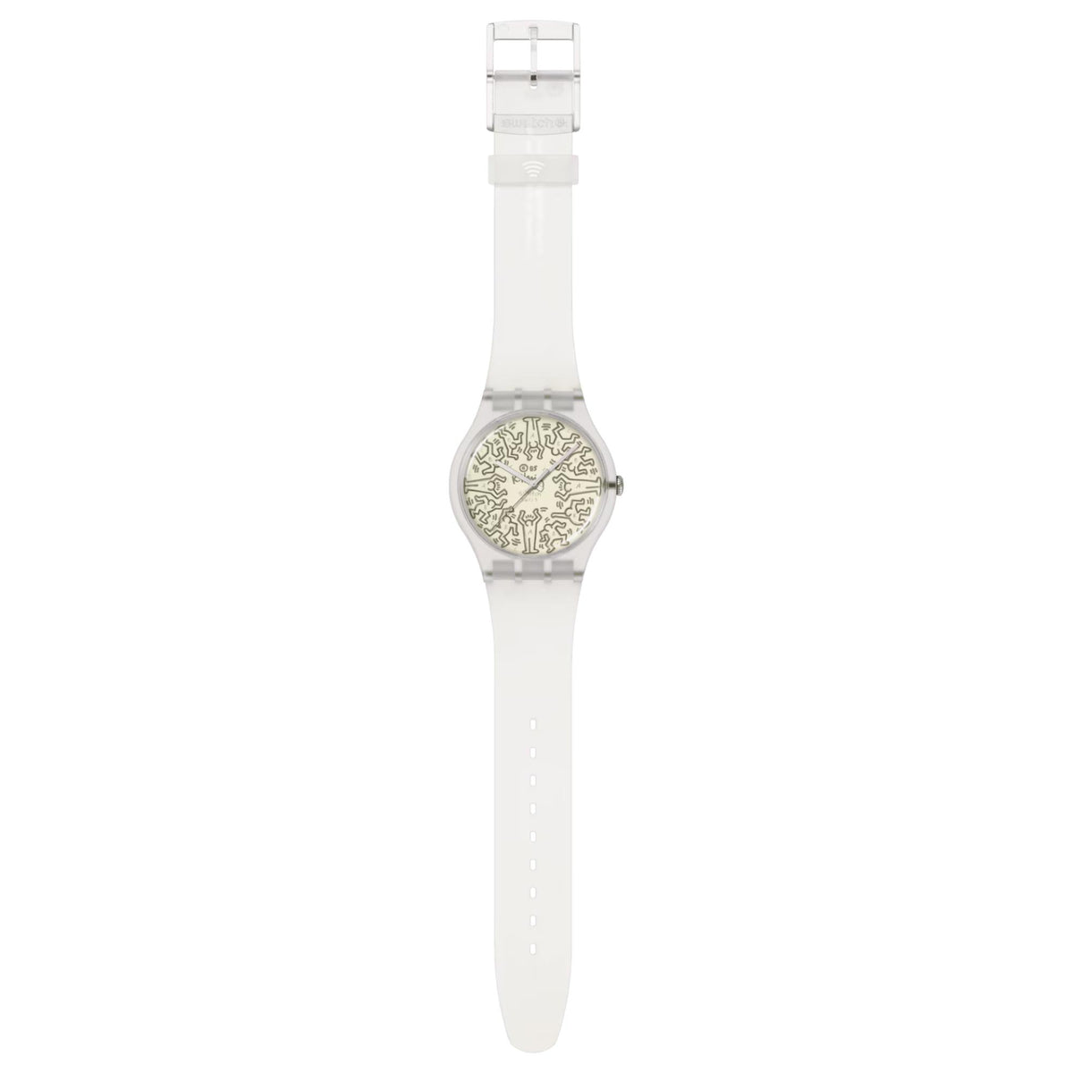 Swatch watch on white silicone strap with round beige patterned dial