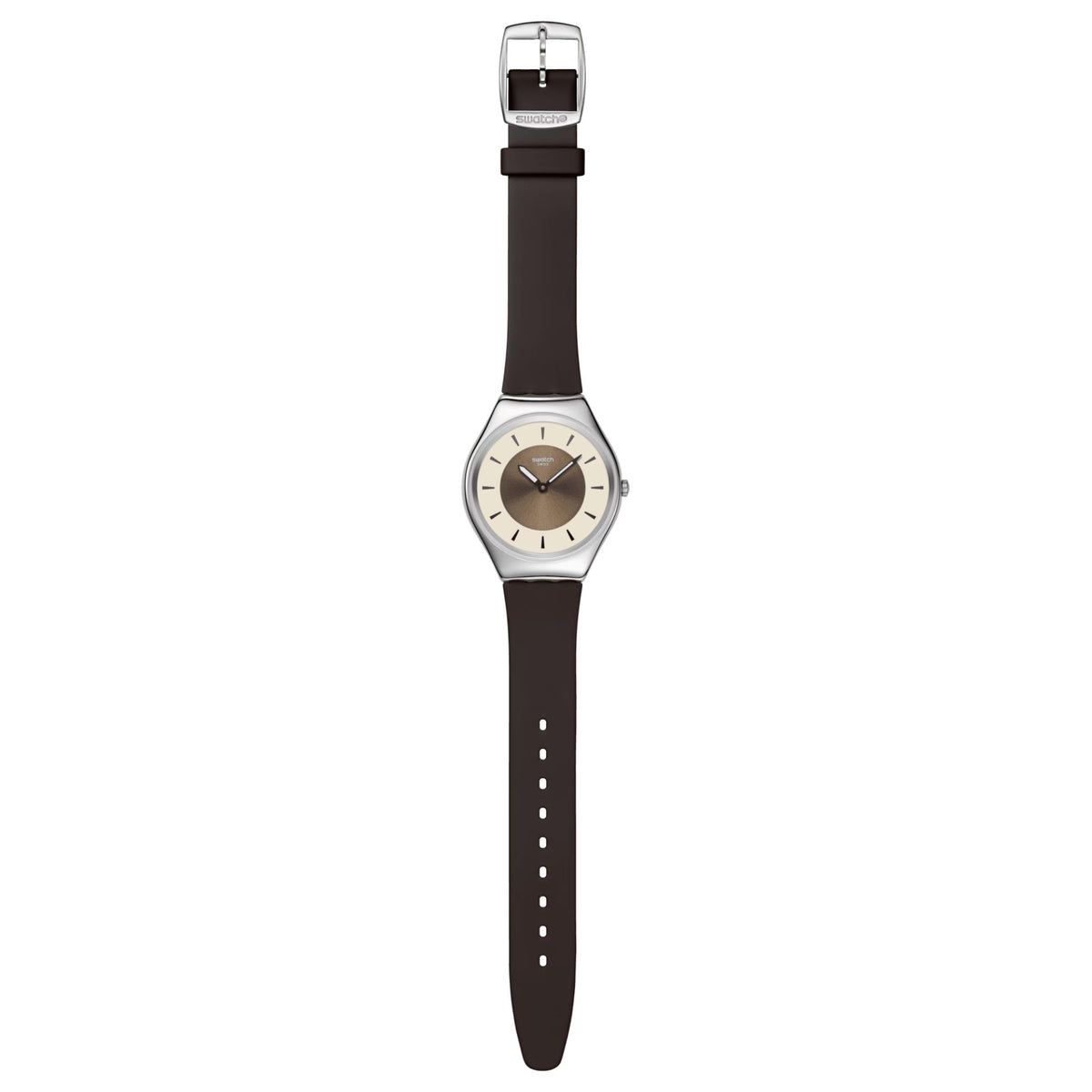 Swatch watch with dark brown silicone strap, silver-tone case, and bronze dial