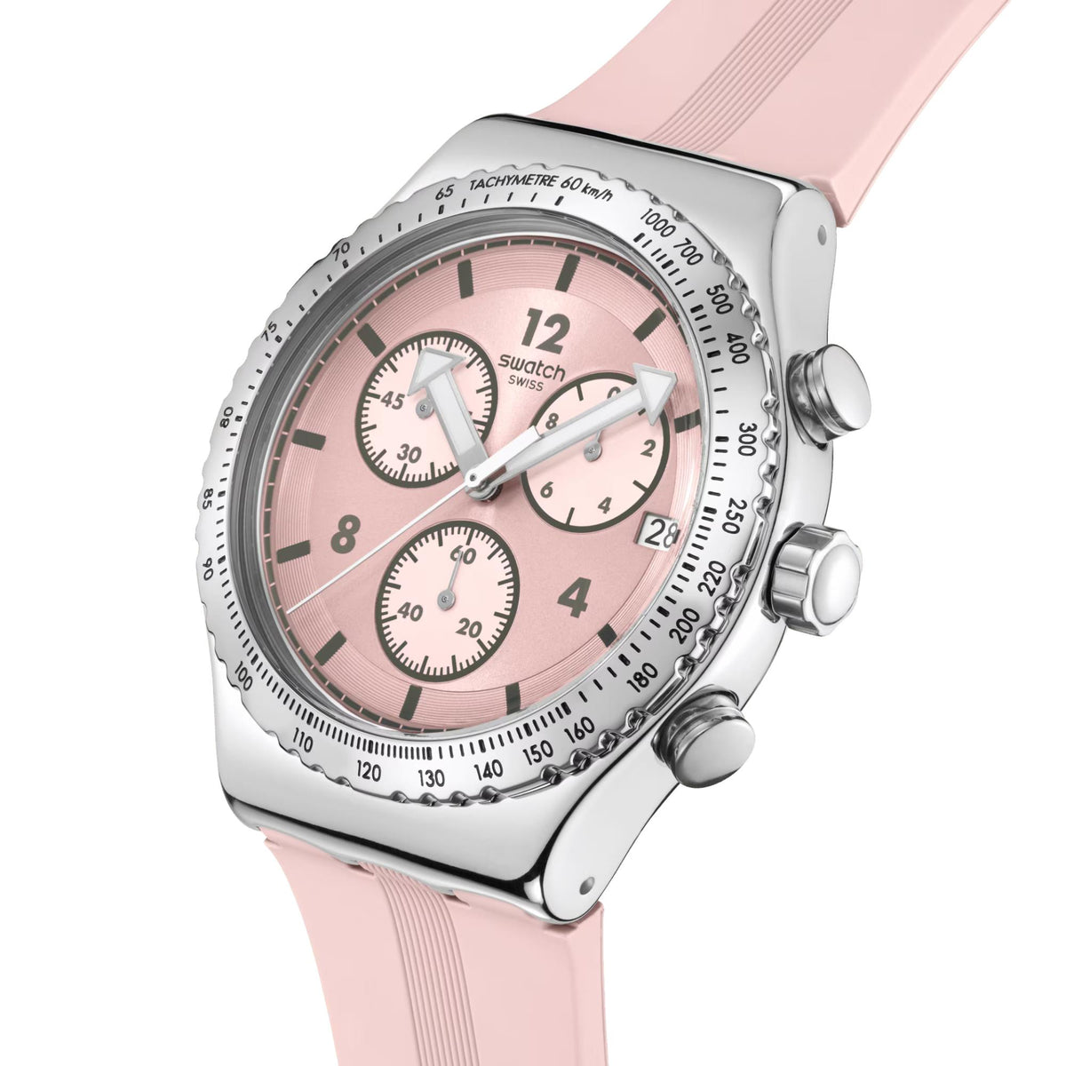 Pink silicone watch close-up with silver case, crown, and pink multi-dial face