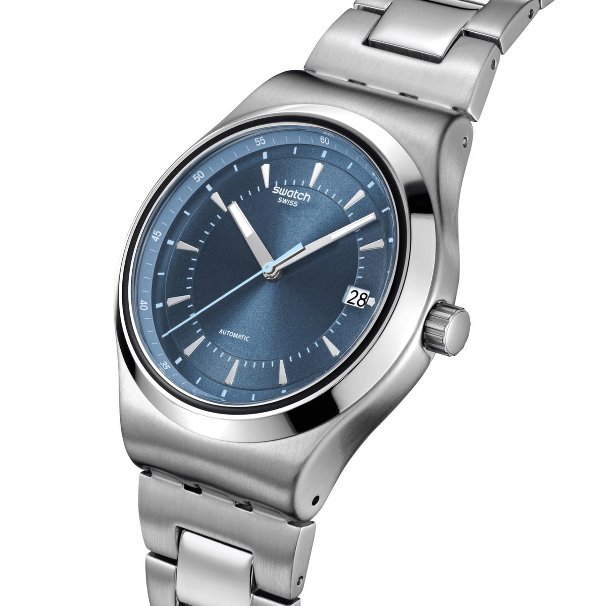 Stainless steel watch close-up with blue dial, silver hands, and visible crown.