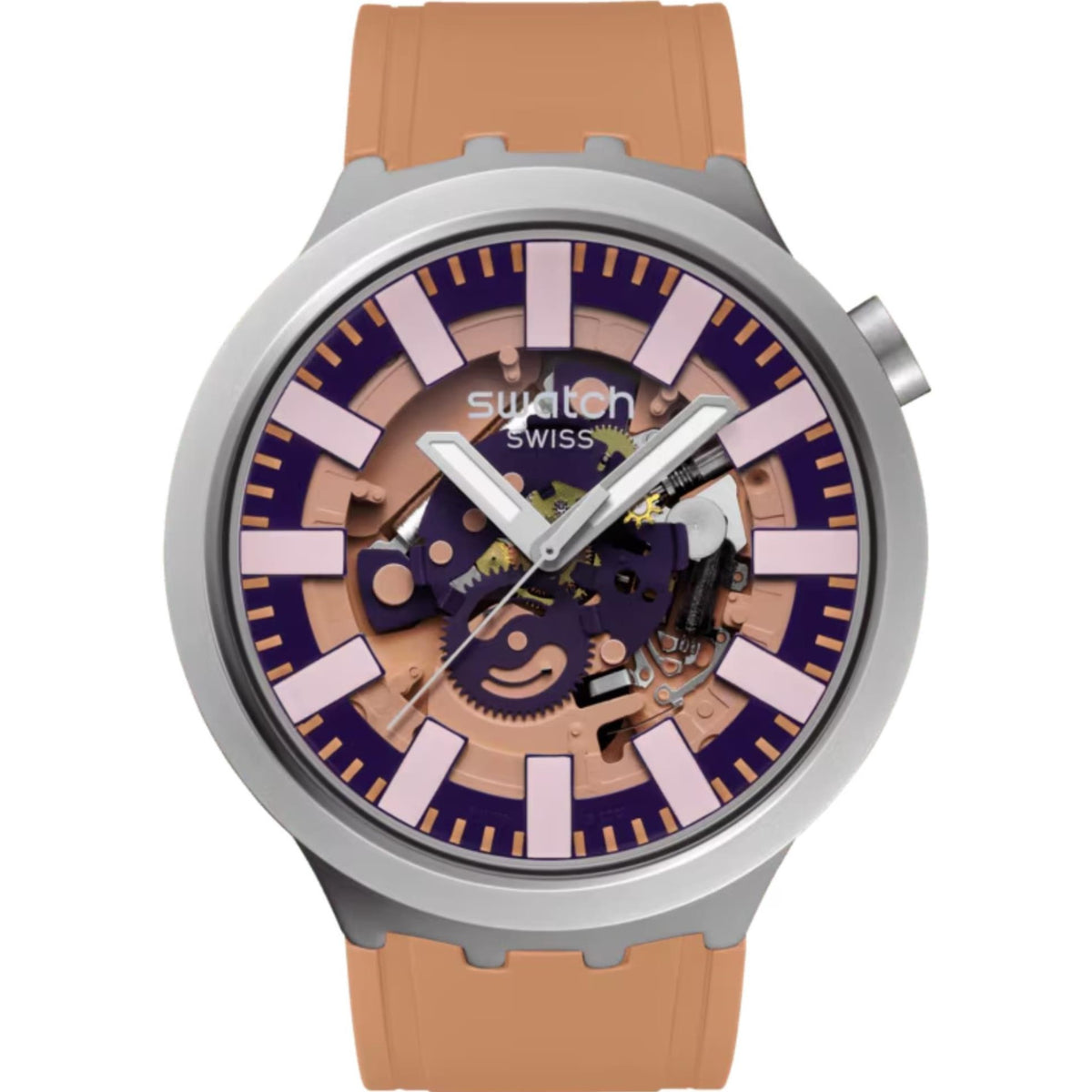 Terracotta silicone strap Swatch watch with purple-pink dial and silver hands