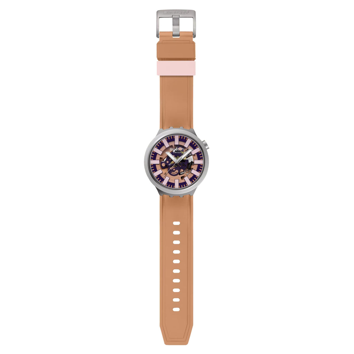 Round Swatch watch with terracotta silicone strap and purple-pink skeleton dial