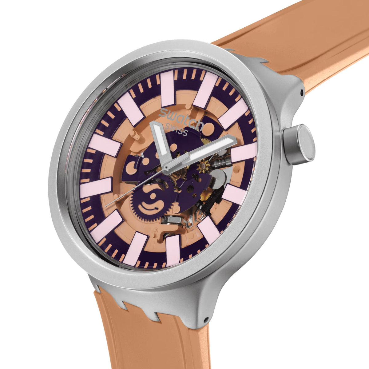 Terracotta silicone strap Swatch watch with purple dial, silver case, side crown