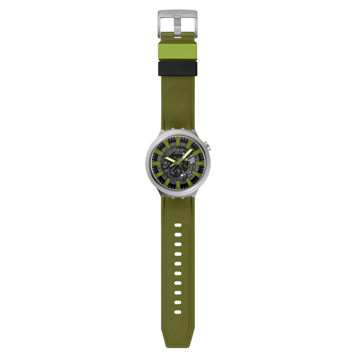 Round Swatch watch with green silicone strap, silver buckle, visible skeleton dial