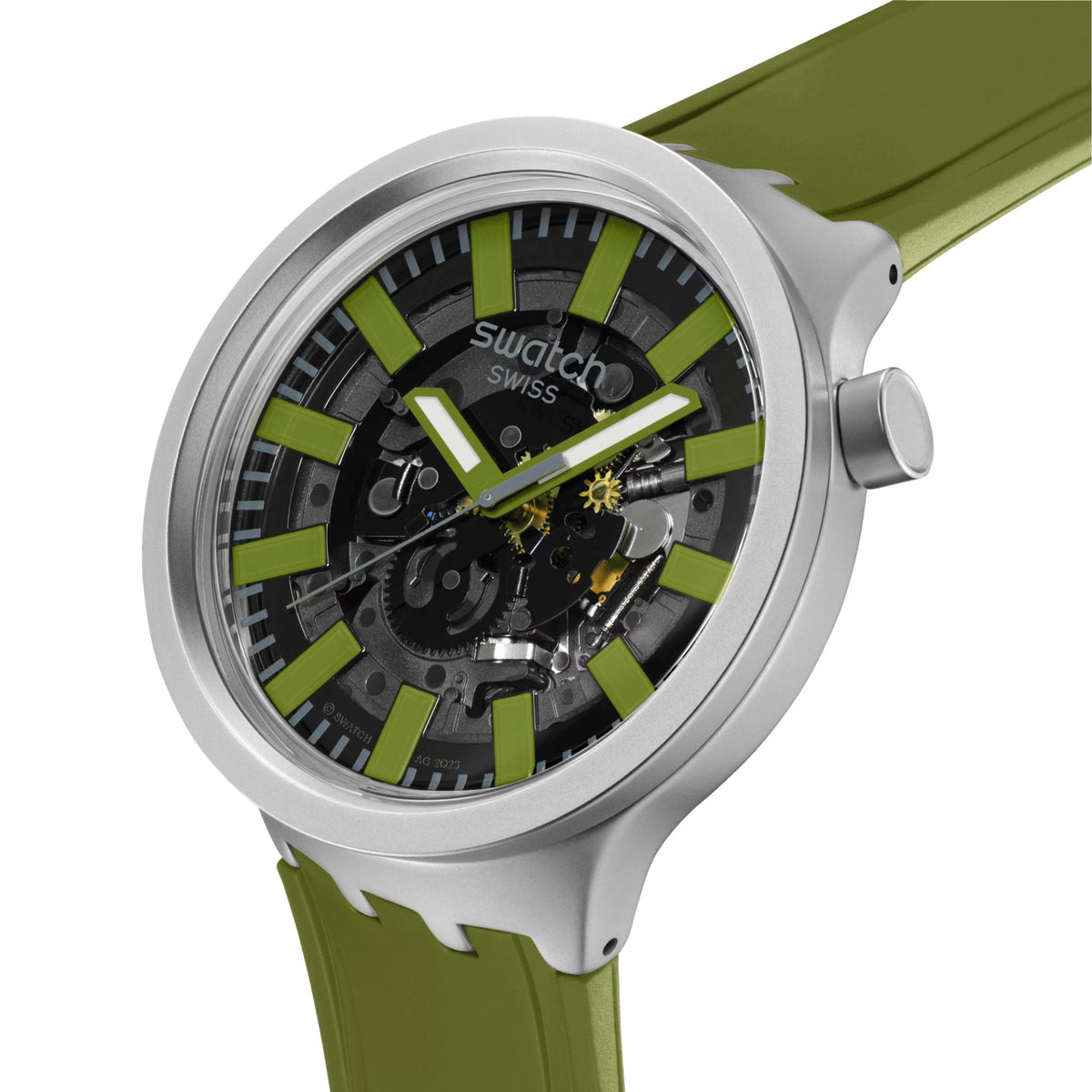 Swatch dive-style round watch with gray bezel, green strap, black skeleton dial and markers