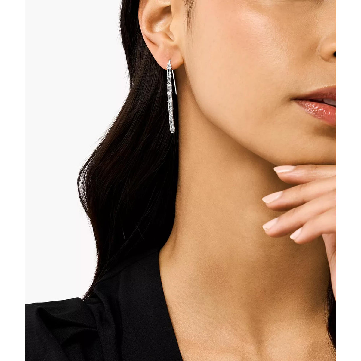 Emporio Armani sterling silver drop earrings, dangling crystal fringe on ear