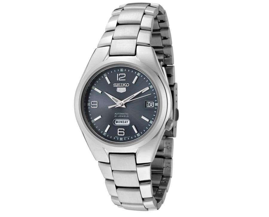 Men's automatic steel wristwatch with grey dial, day-date window, link bracelet