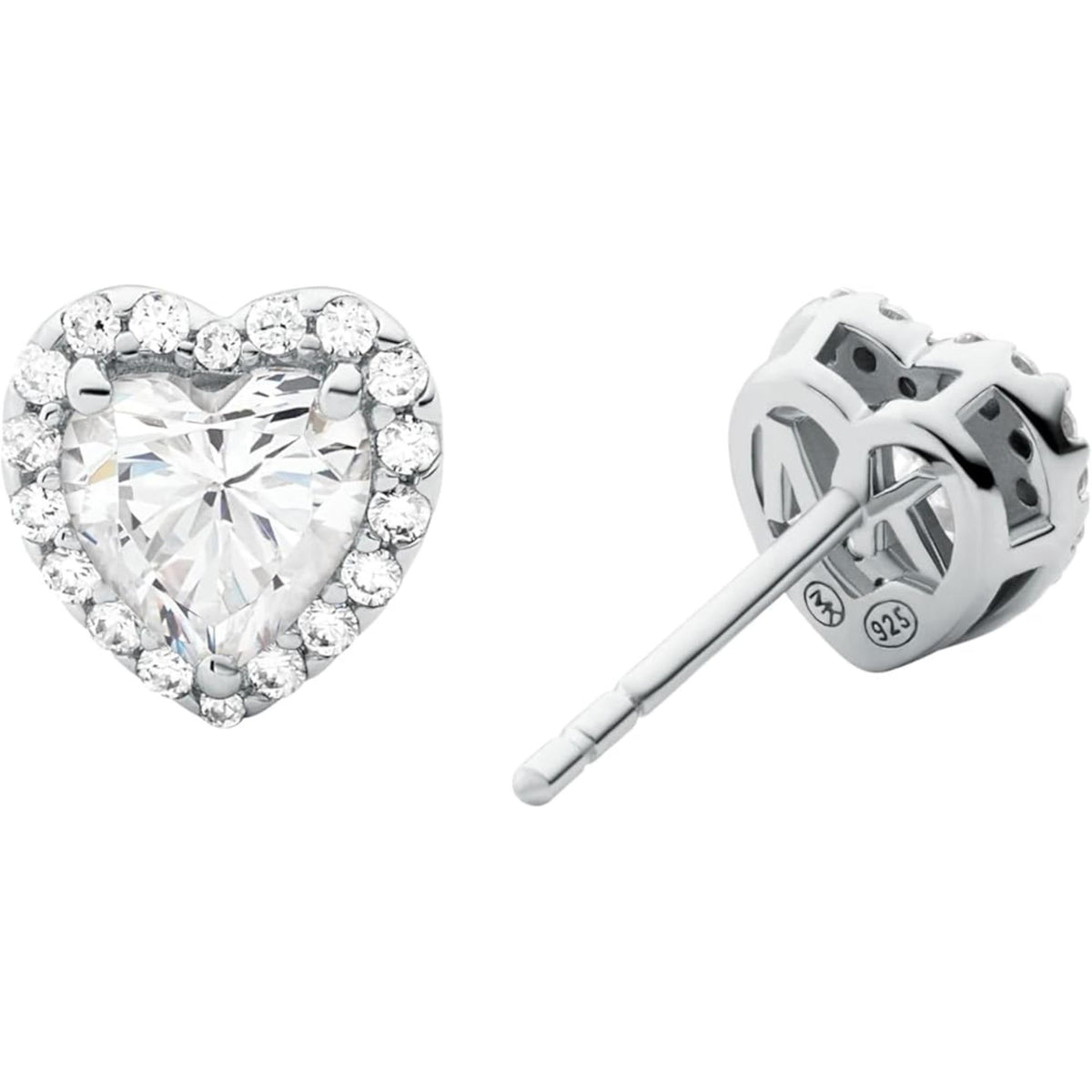 Sterling silver heart stud earrings showing post backing and crystal-studded heart