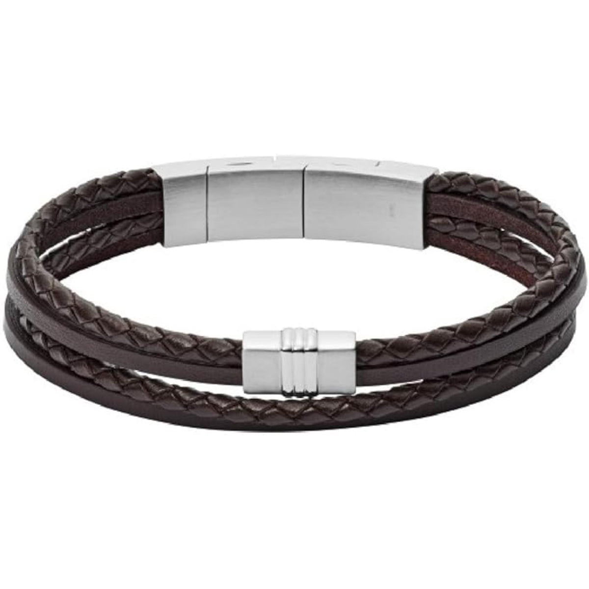 Men's dark-brown braided leather bracelet with silver bar clasp, multi-strand look