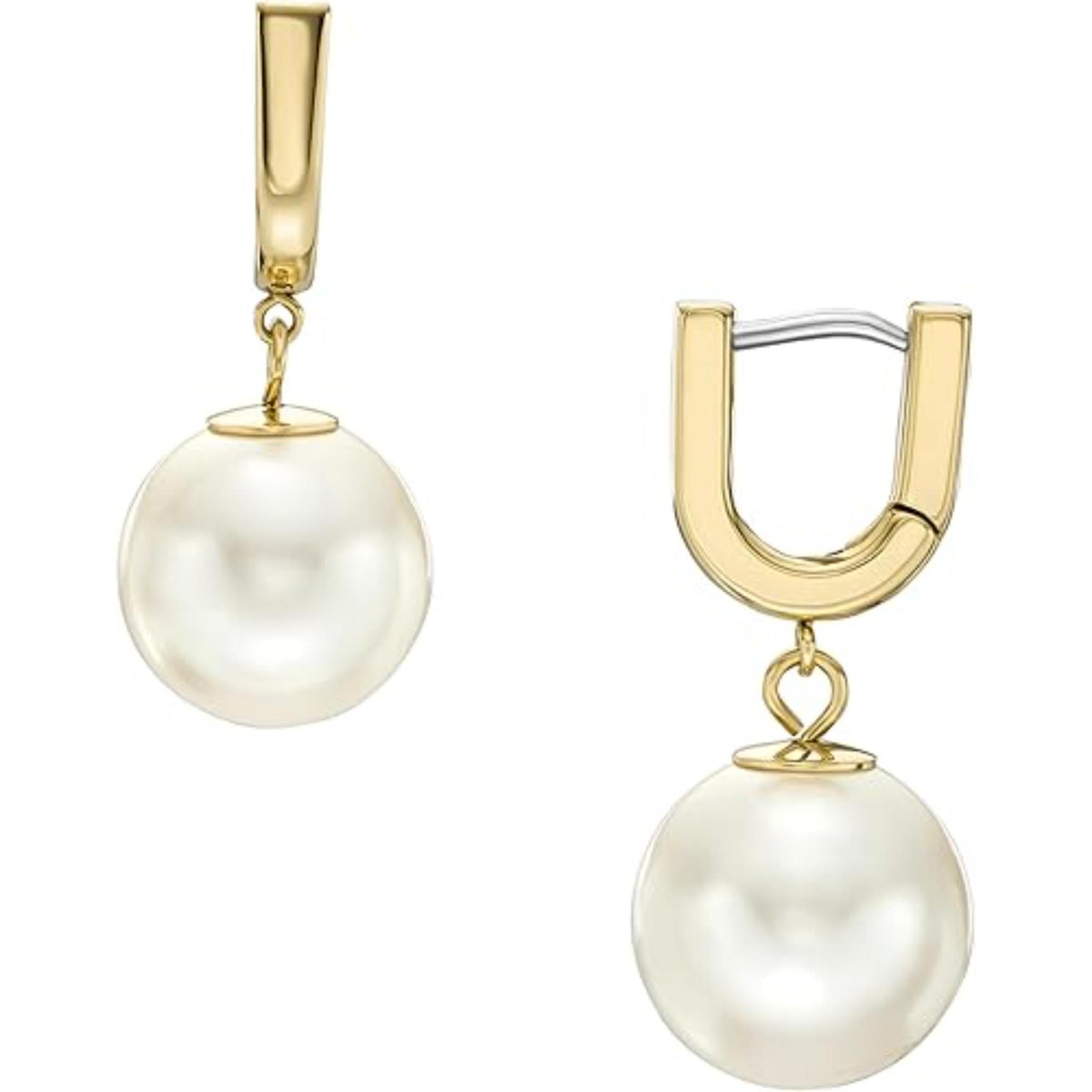 Gold-tone hoop earrings with dangling round pearl drops