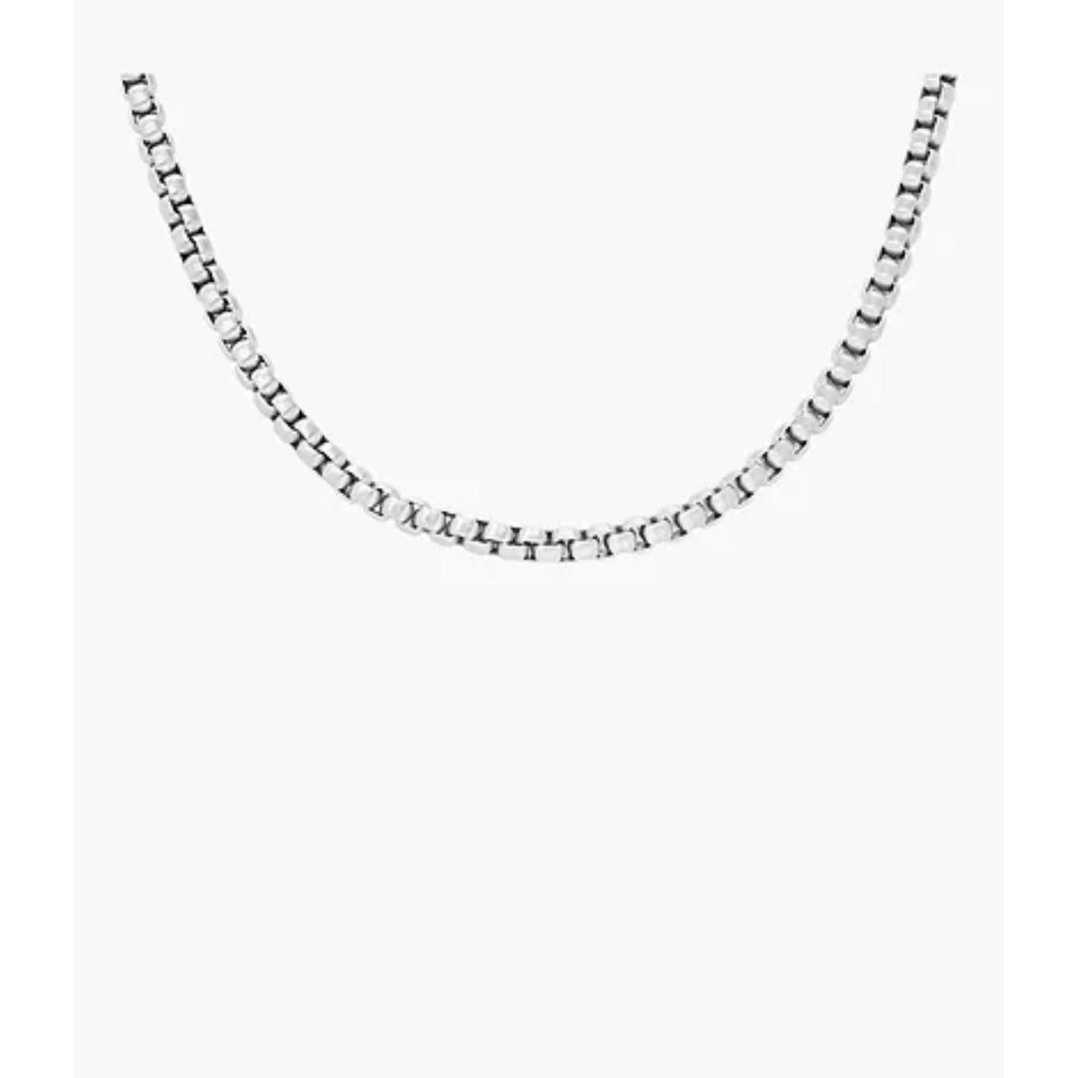 Stainless steel chain necklace close-up, repeating rectangular link pattern