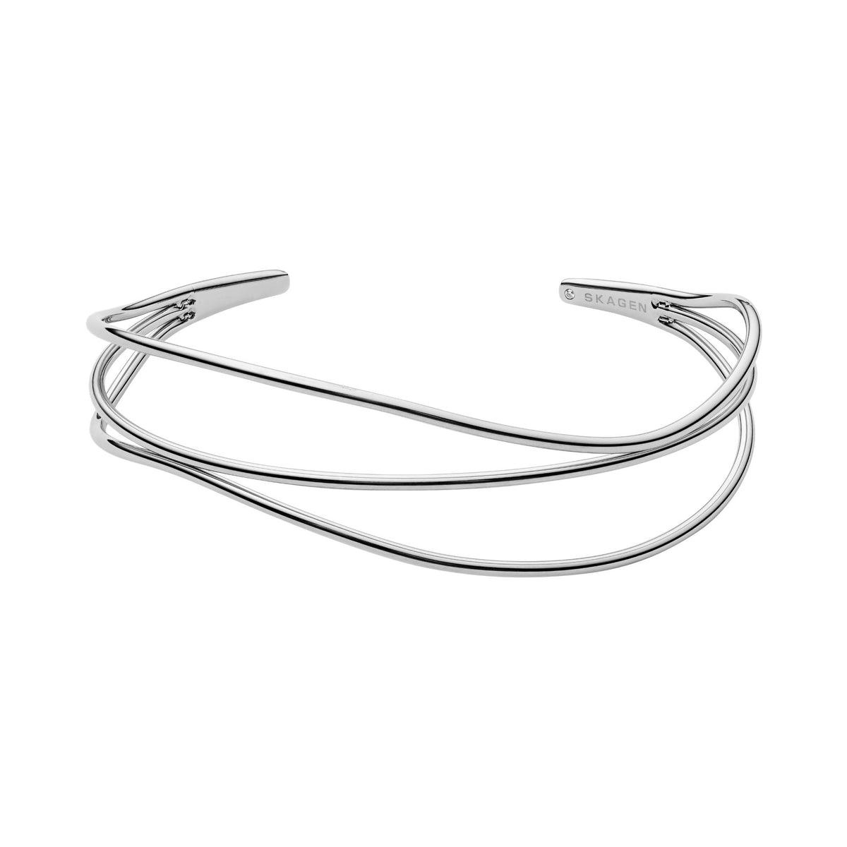 Silver-tone wire bracelet with stacked three-row metal bands and open cuff