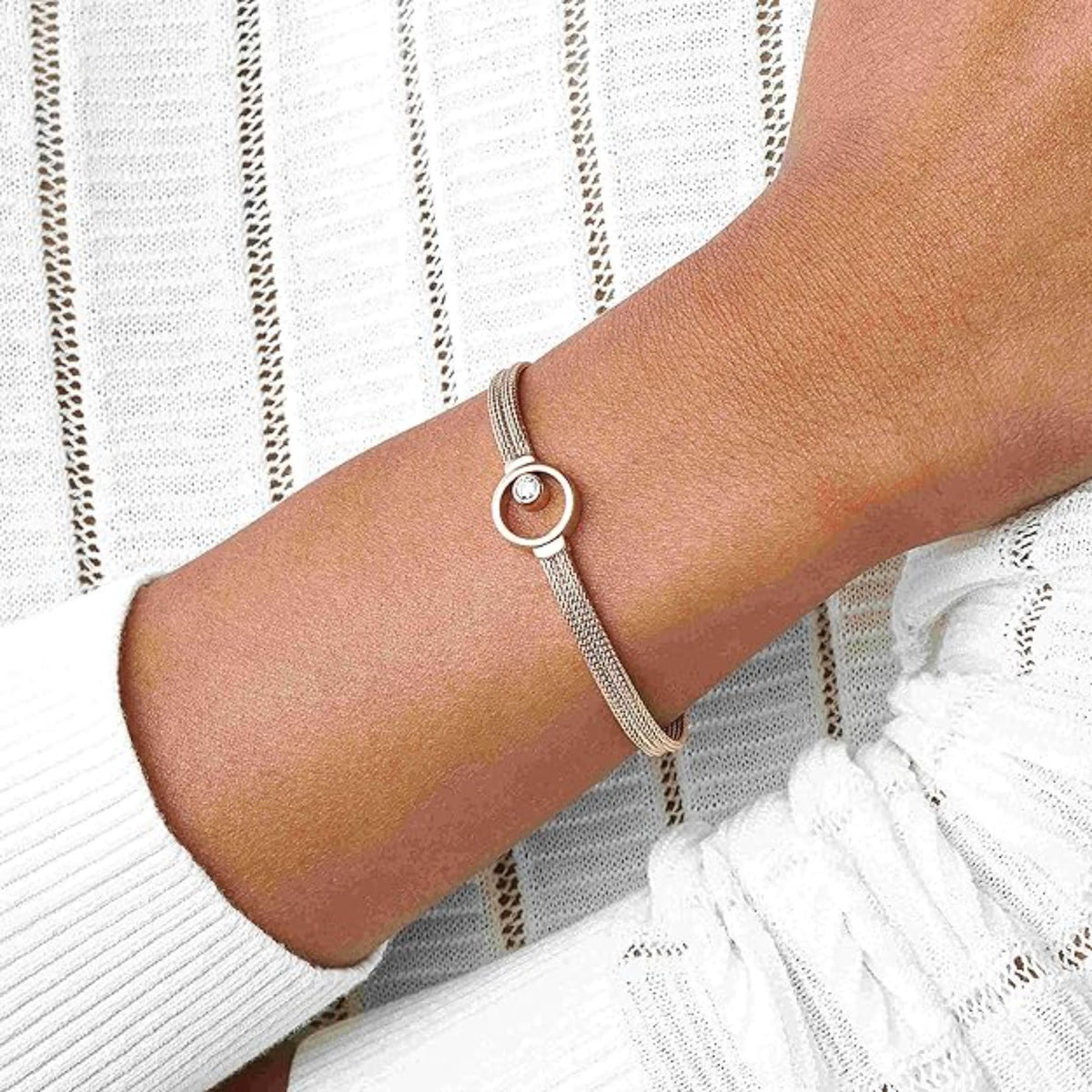 Skagen Linje SKJ0851791 Rose Gold-Tone Circle Mesh Bracelet Worn on Model Wrist