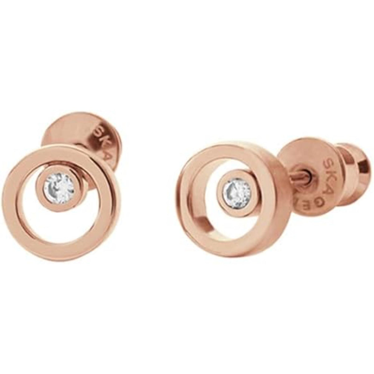 Side Perspective Displaying Earring Backs on Skagen Linje SKJ0853791 Rose Gold-Tone Studs