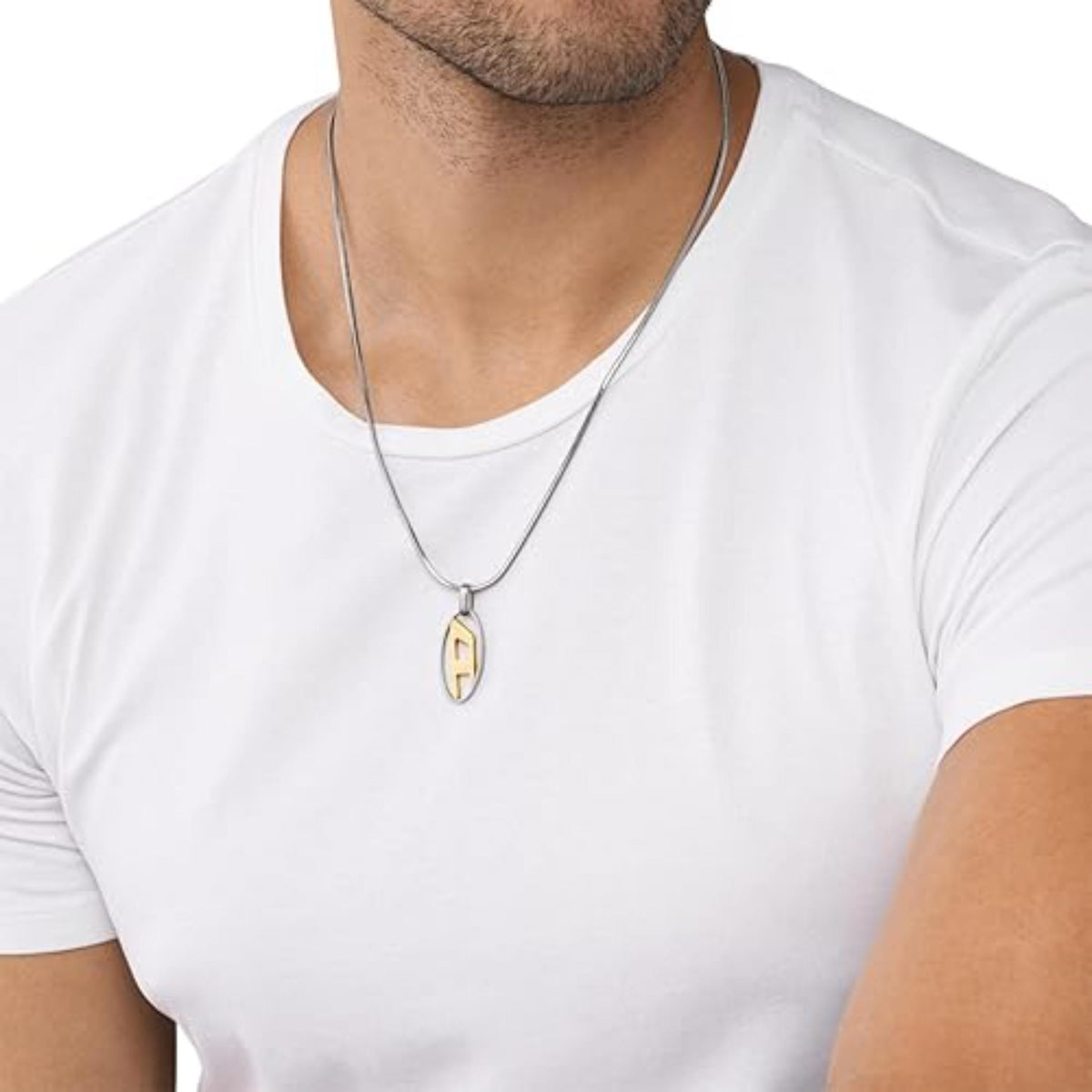 Men's stainless steel chain necklace with oval gold-tone monogram D pendant