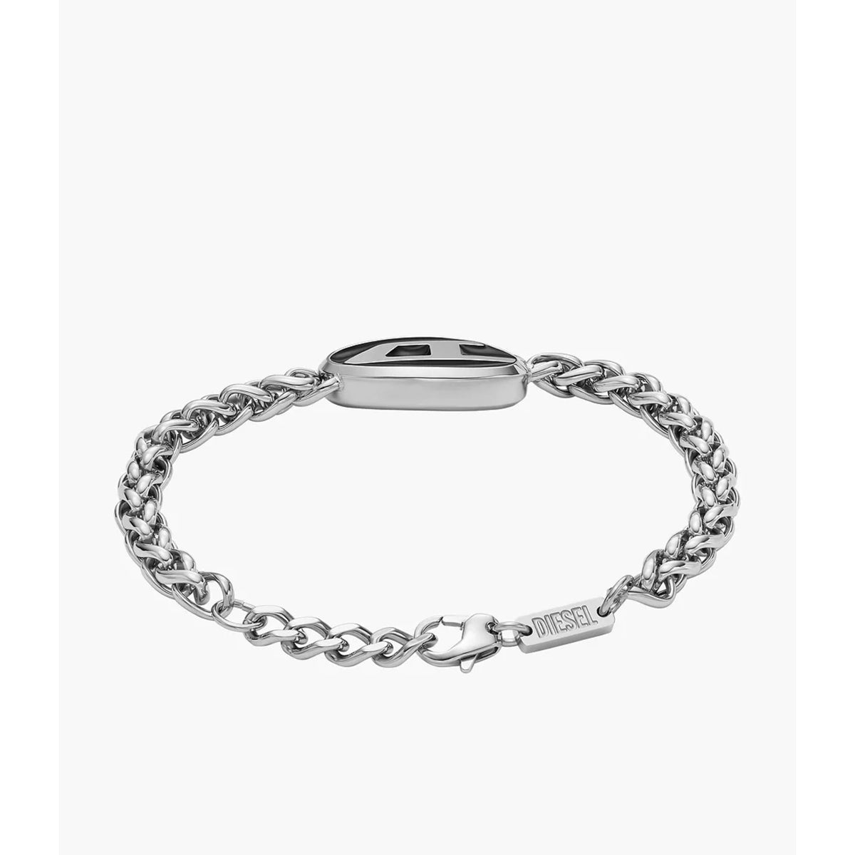 Stainless steel chain bracelet with oval logo plate and Diesel tag