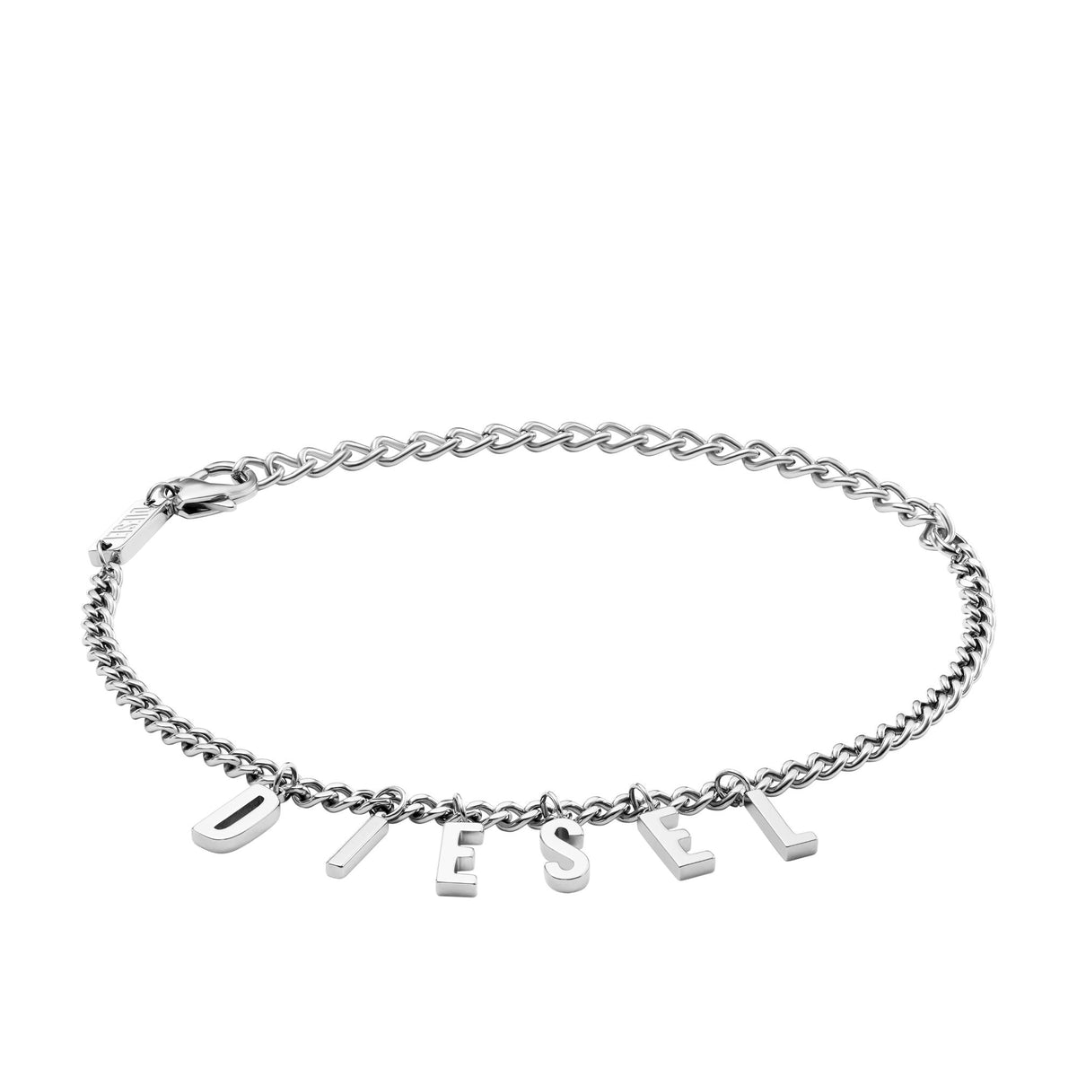 Stainless steel chain bracelet with linked curb links and letter charms, silver tone