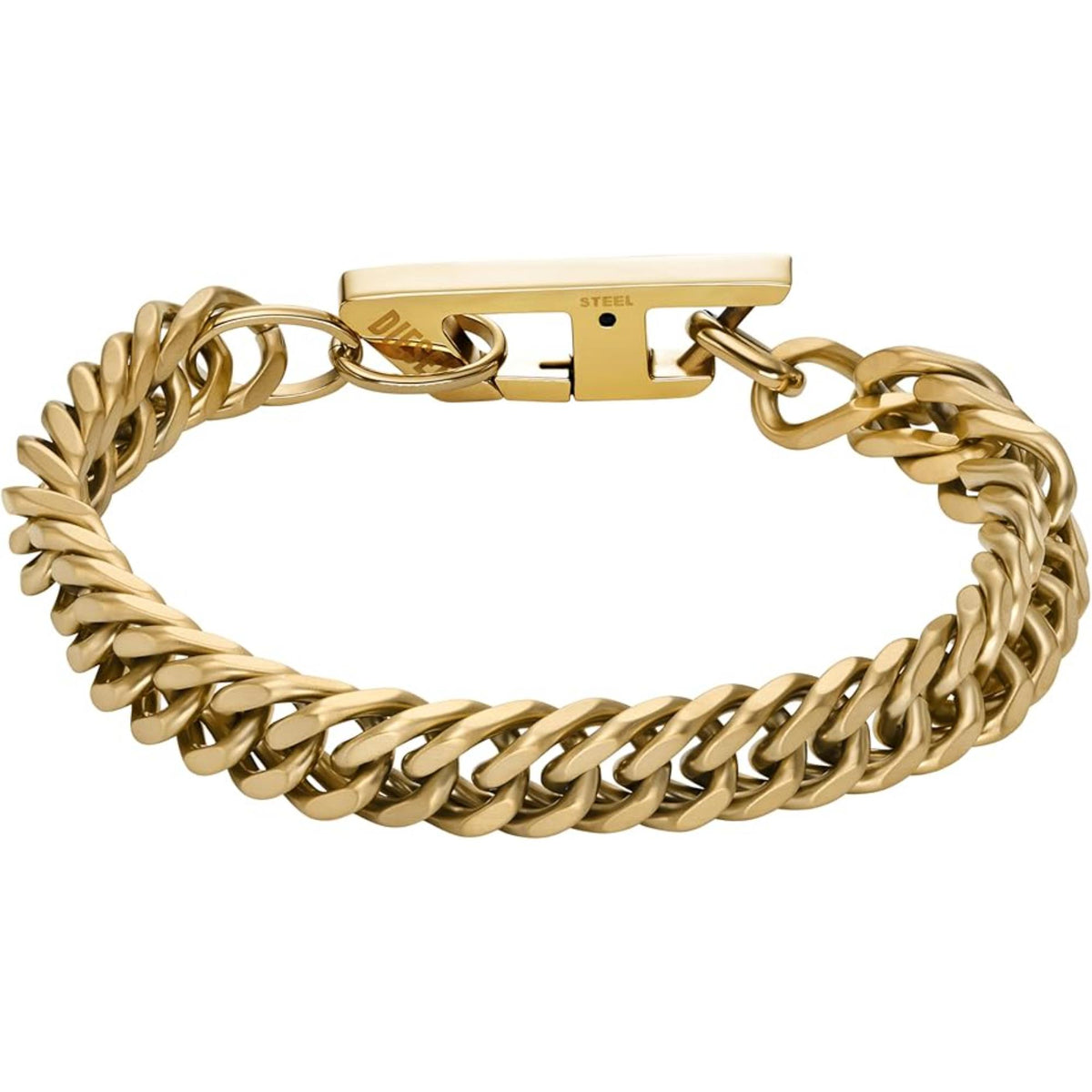 Gold-tone chain link bracelet with engraved box clasp