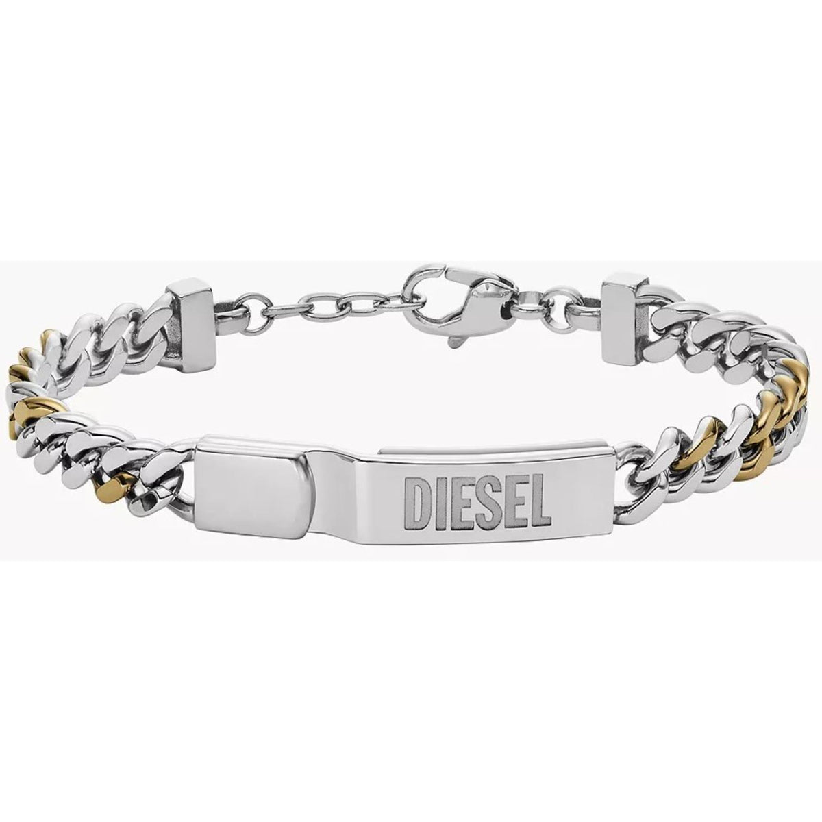 Two-tone stainless steel ID chain bracelet with DIESEL logo and gold links