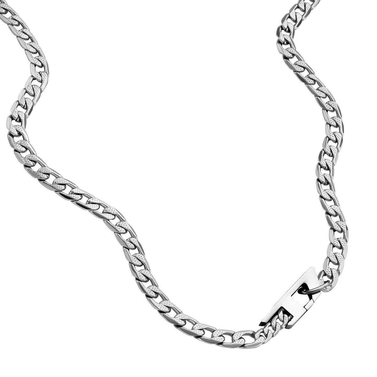 Stainless steel chain necklace with interlocking links and metal clasp