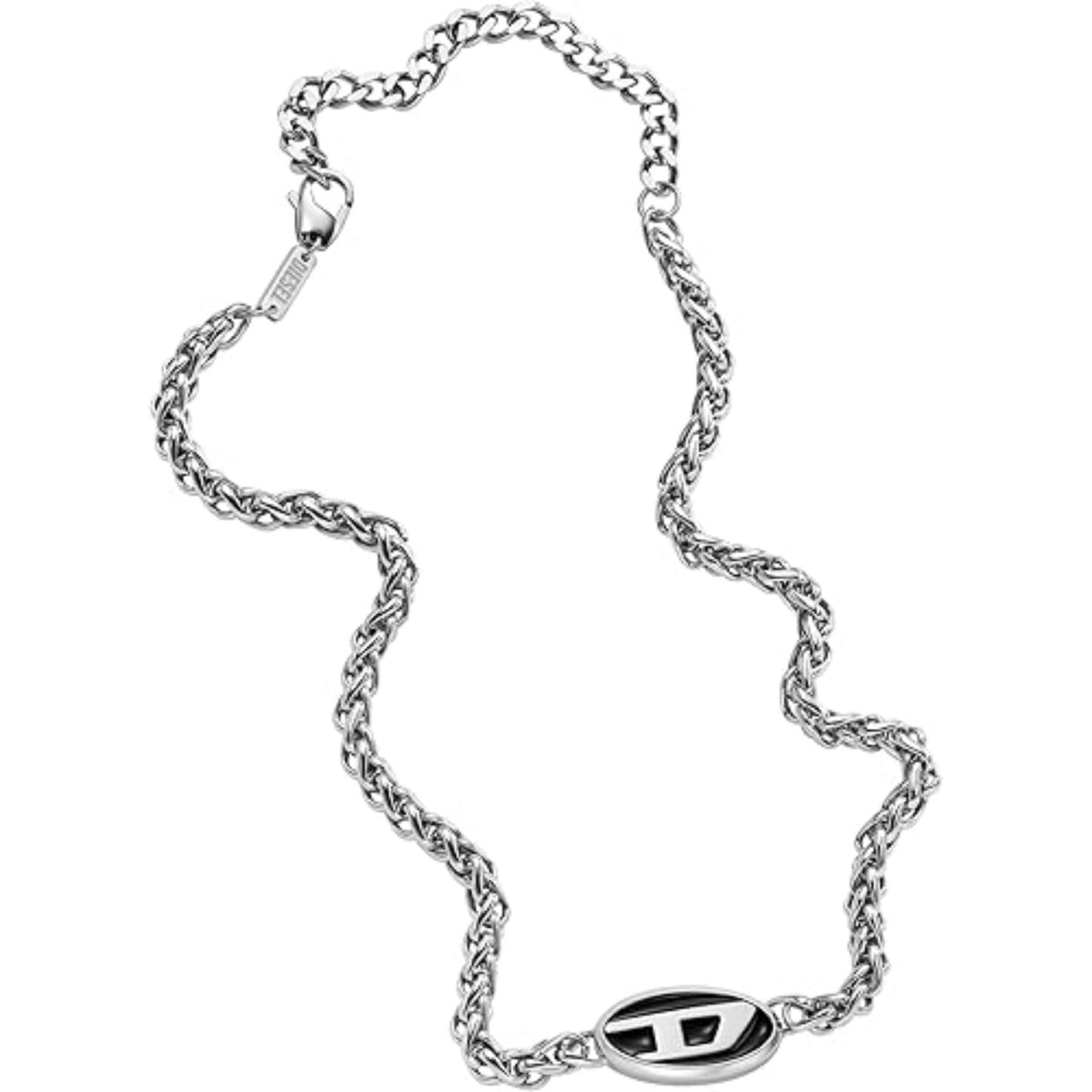 Stainless steel chain necklace with oval logo pendant and lobster clasp