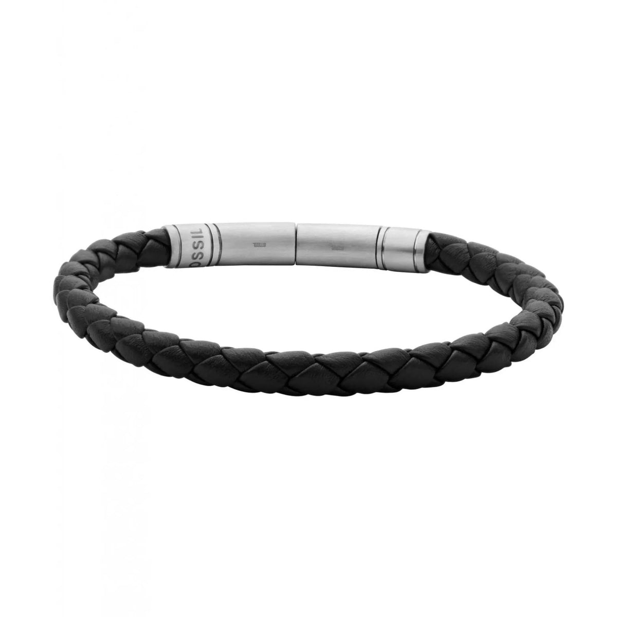 Braided leather men's bracelet with black woven design and silver clasp
