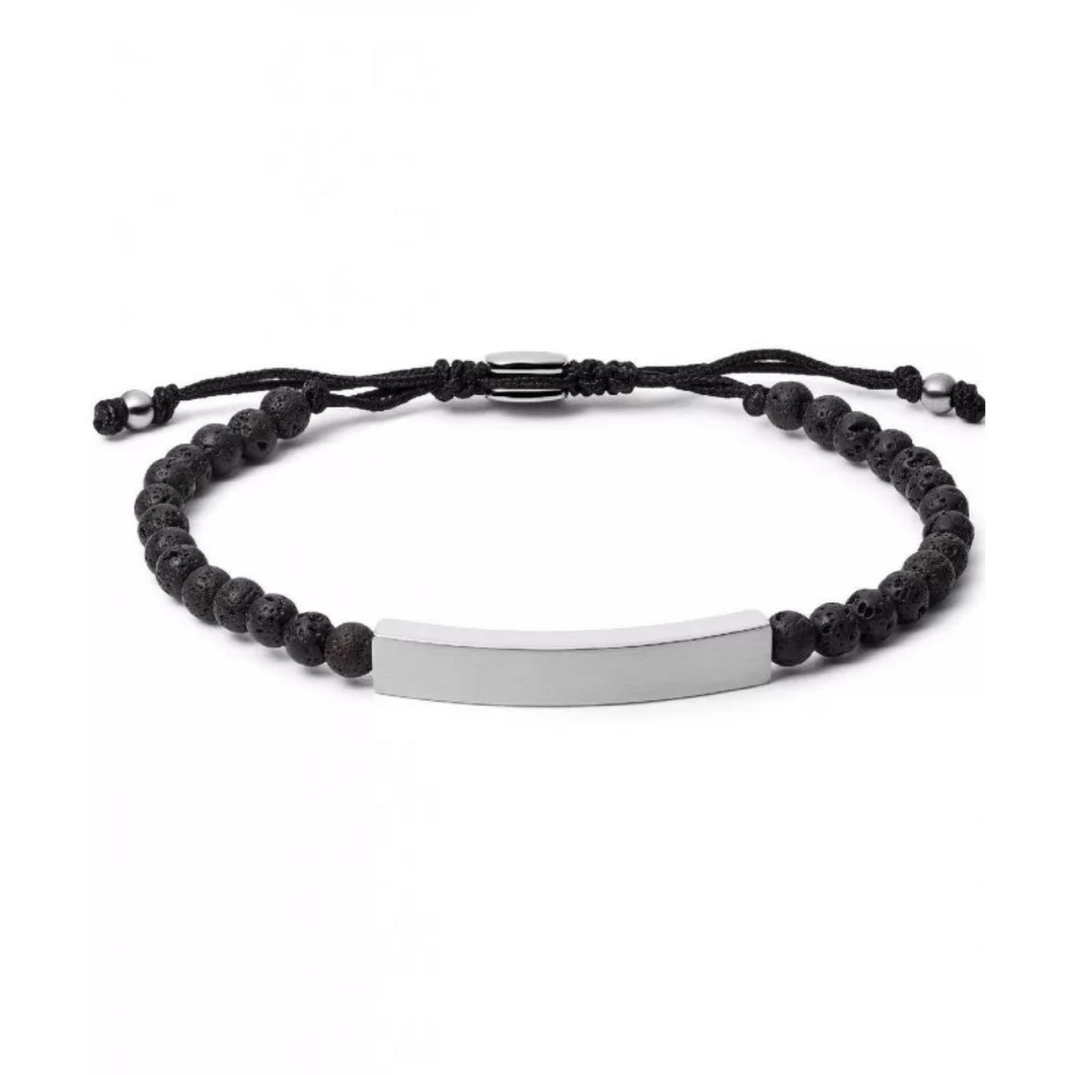 Men's black lava stone bracelet with silver rectangular plaque center