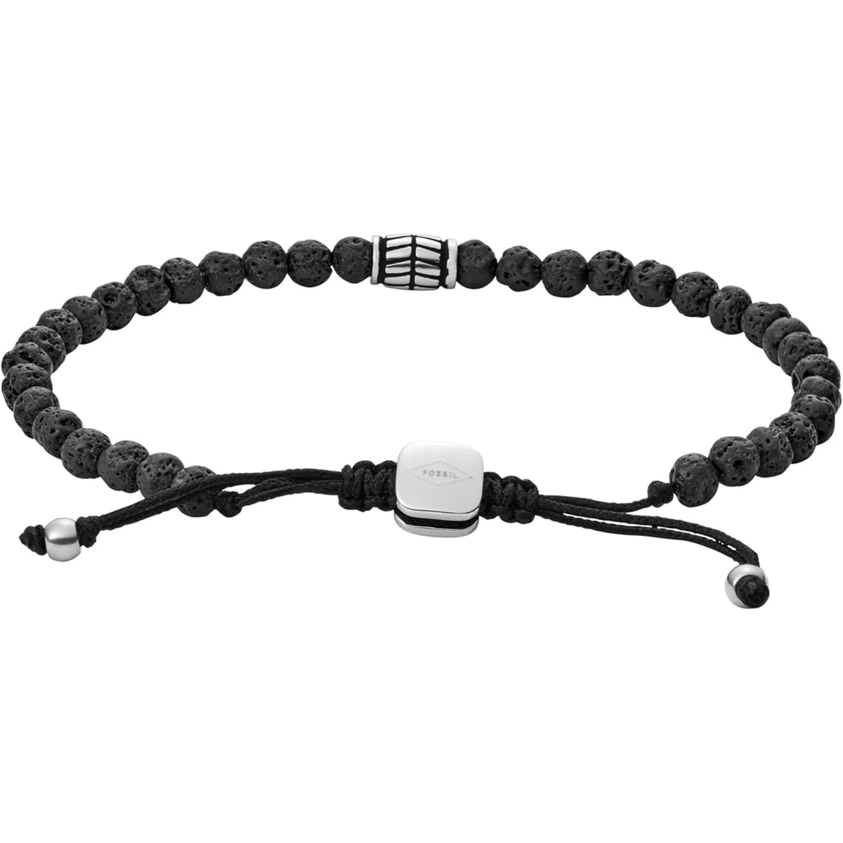 Men's black bead bracelet with silver-tone centerpiece and rectangular logo clasp tag