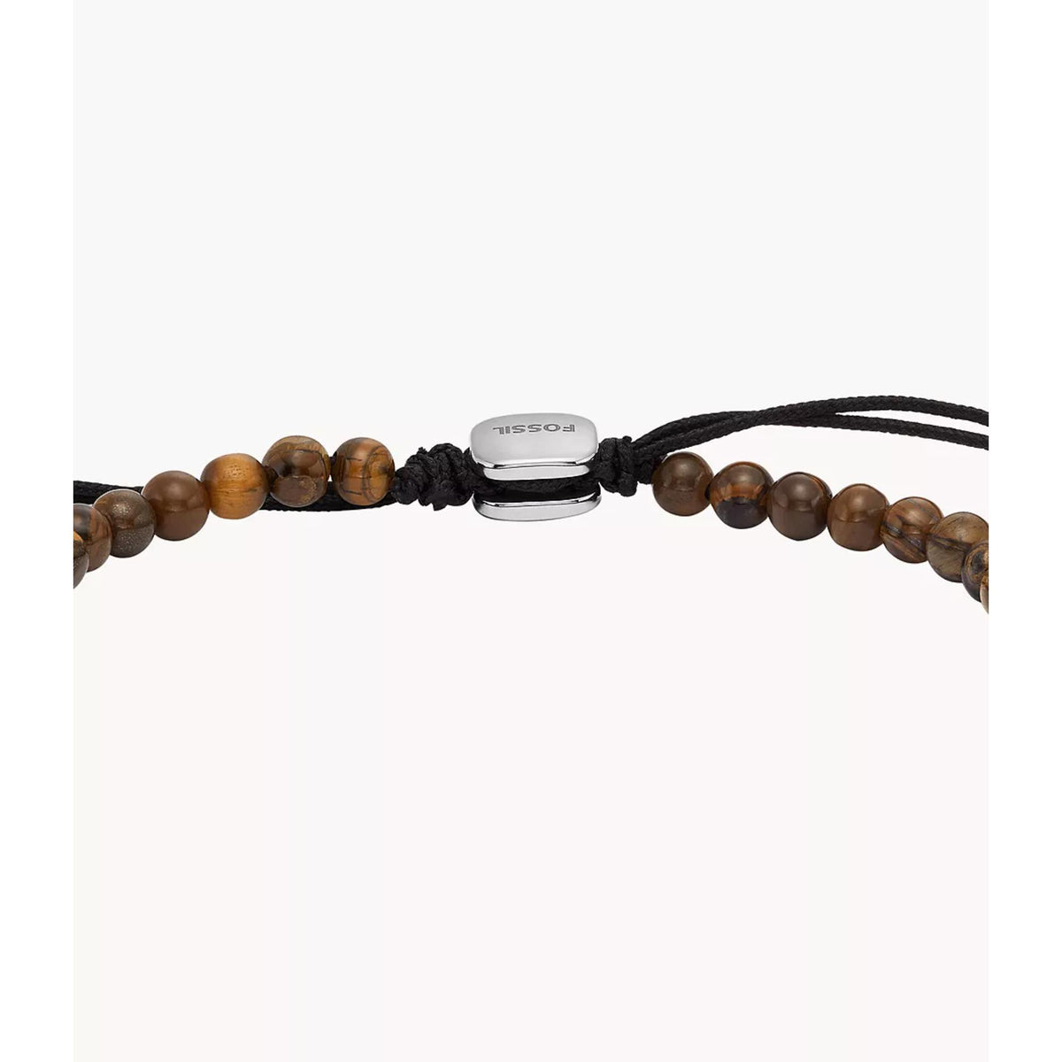 Men's brown bead bracelet with black cord and oval metal clasp detail near the knot