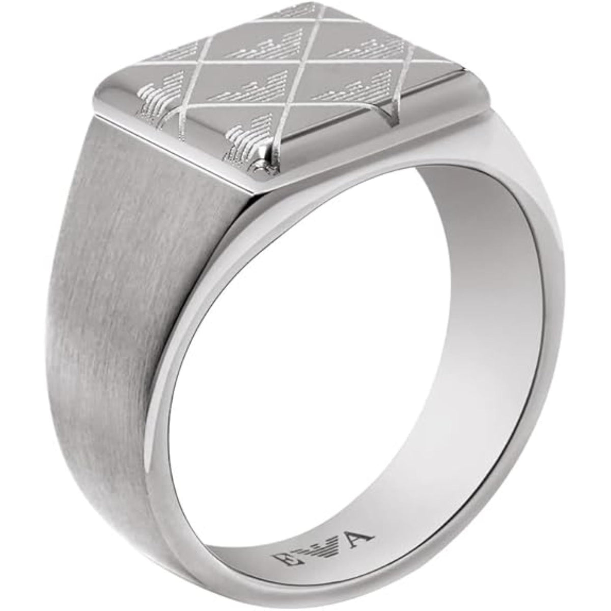 Men's silver signet ring, brushed finish band with EA logo inside edge