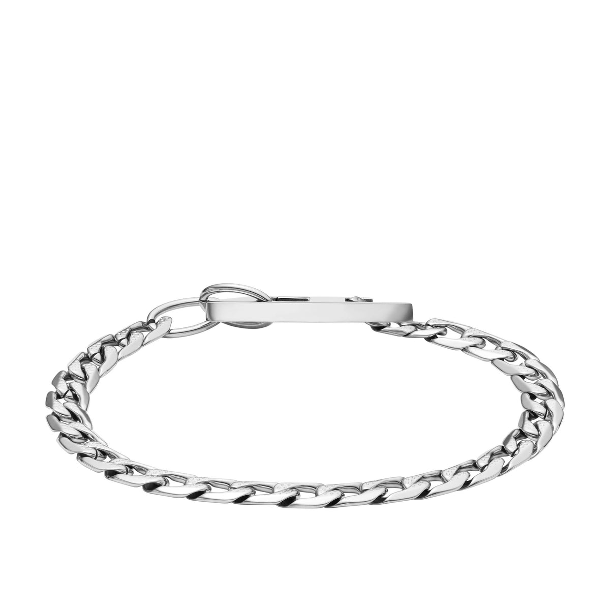 Stainless steel chain bracelet with bar-style clasp and polished curb links