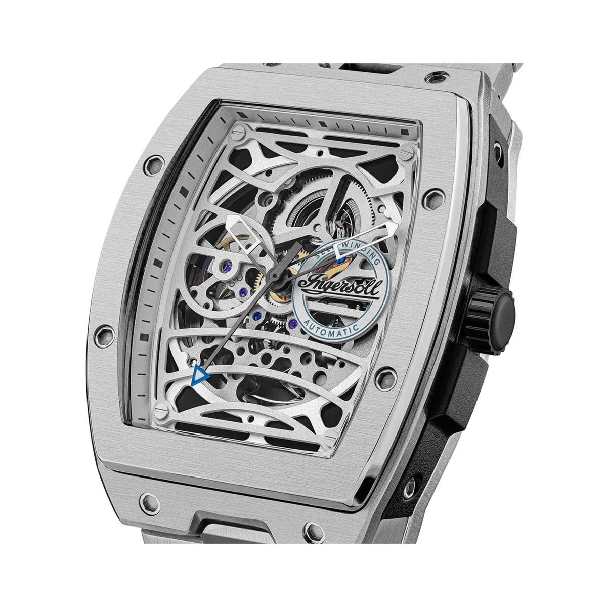 Silver open-work automatic skeleton dial with visible gears and “Ingersoll” logo