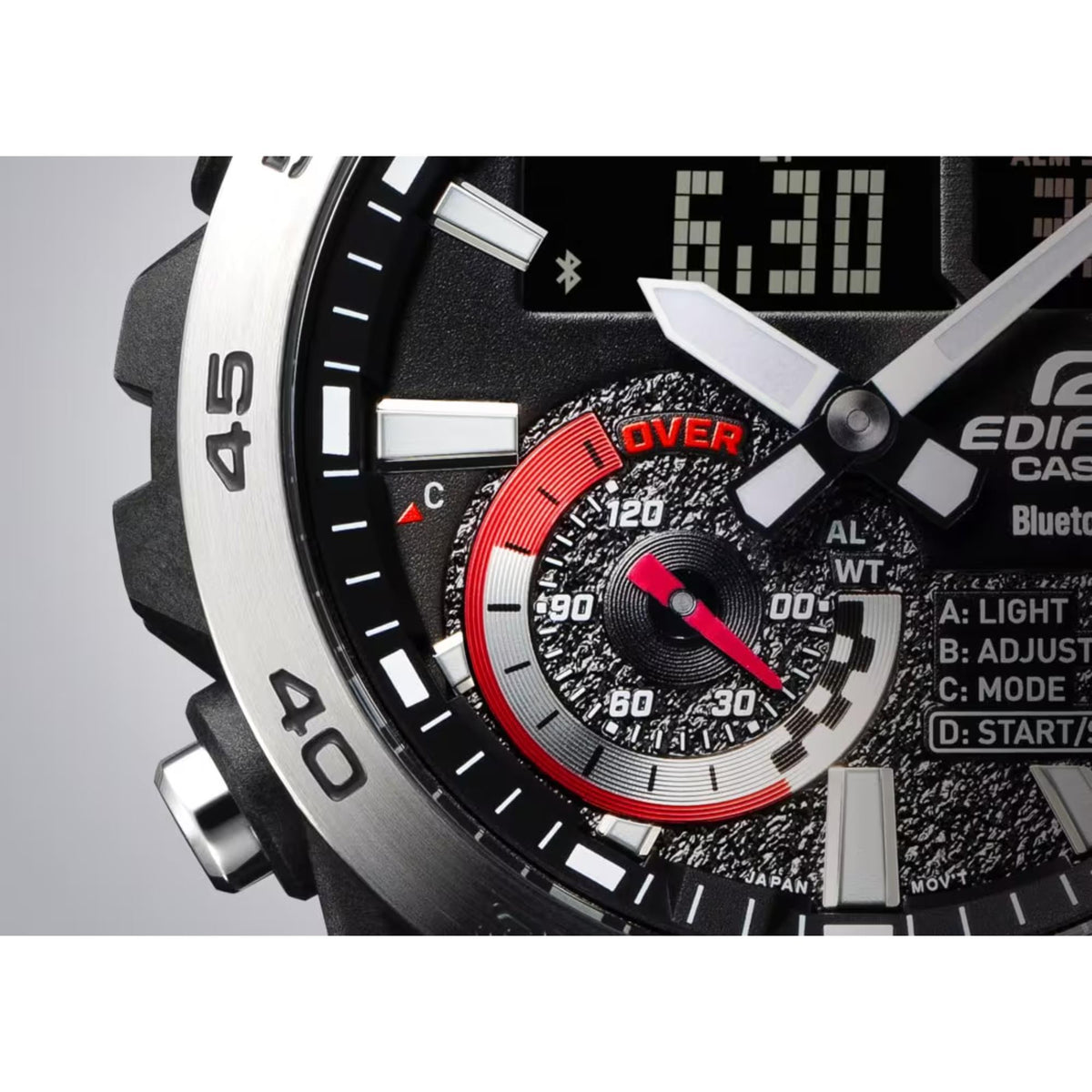 Close-up Bluetooth chronograph dial with red center ring, white markers, and chrono subdials