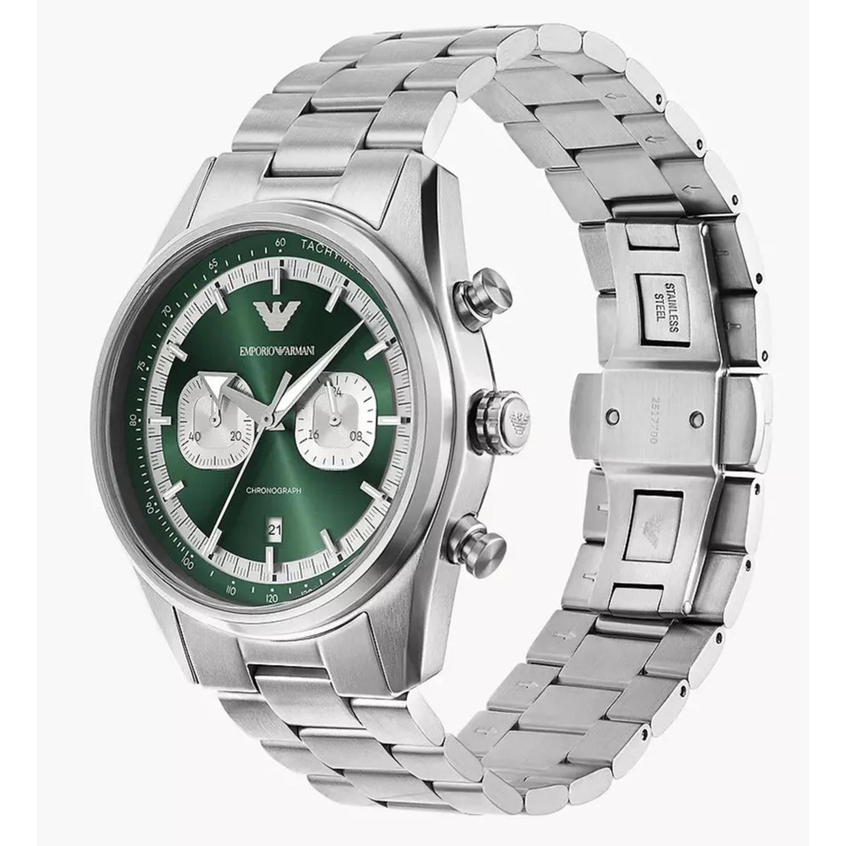 Emporio Armani Racer AR11637 three-quarter angle view detailing green chronograph dial and open metal bracelet