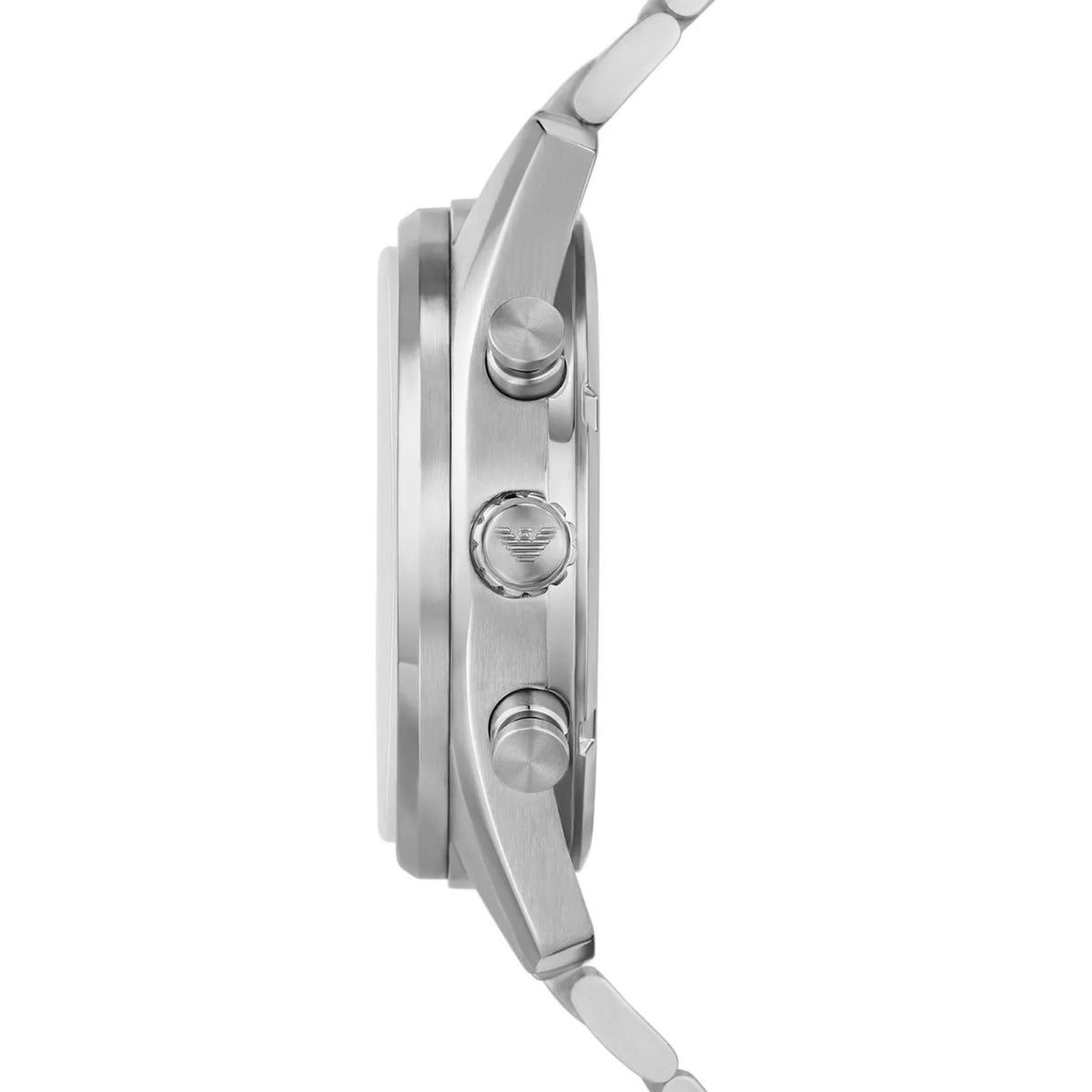 Emporio Armani Racer AR11637 side profile showing pushers and engraved crown with steel case profile