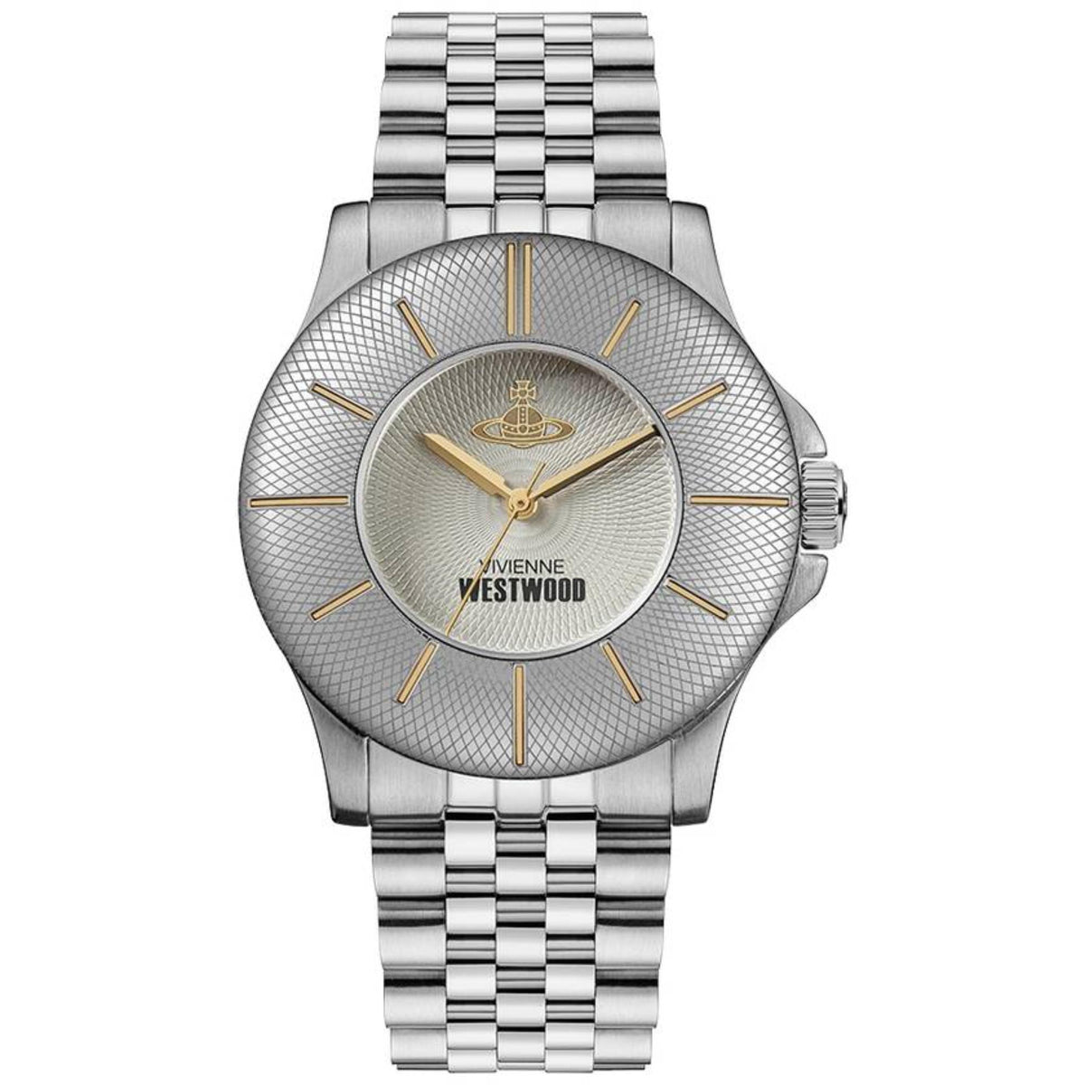 Vivienne Westwood Walbrook VV309CGSL front view showing textured silver dial and steel bracelet