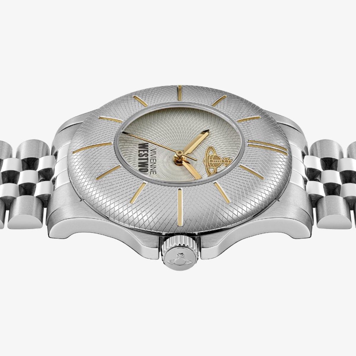 Vivienne Westwood Walbrook VV309CGSL side view showcasing crown detail and steel case construction