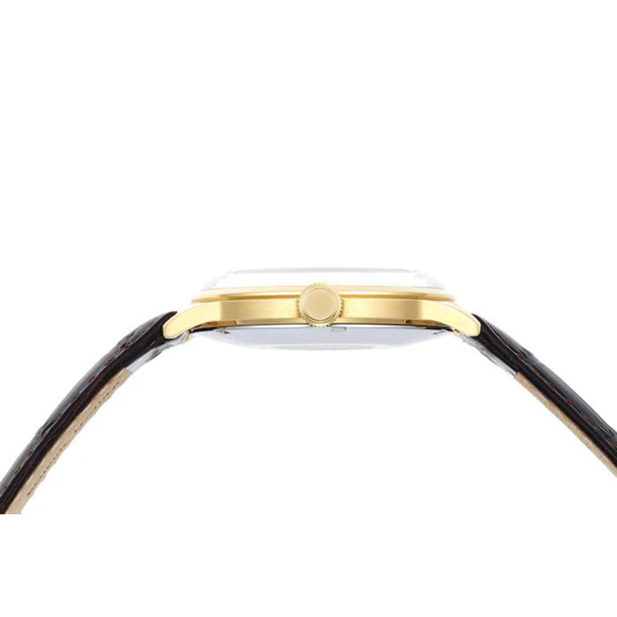 Gold-tone crown and case area on an automatic wristwatch with white dial
