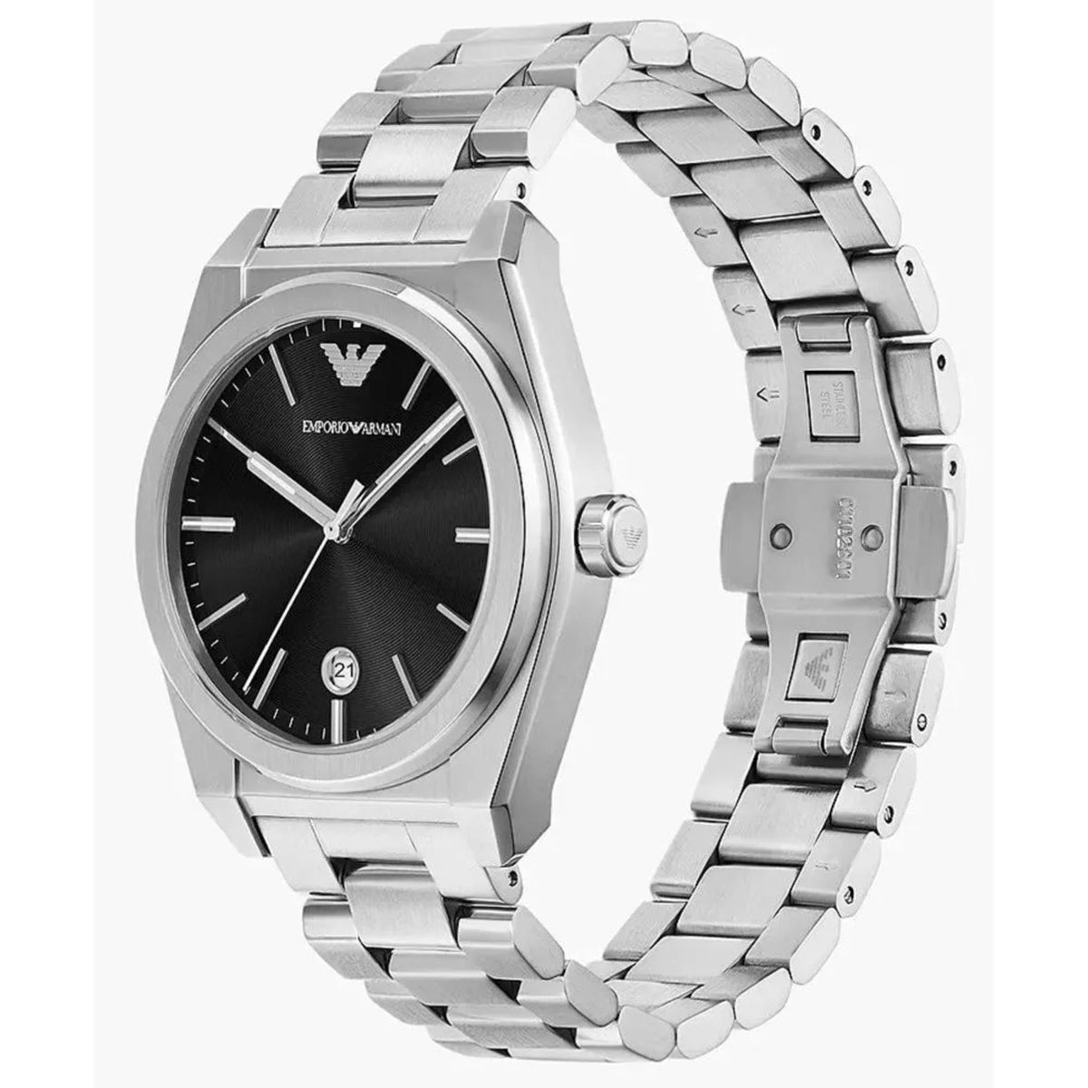 Men's steel quartz wristwatch with black dial, V-logo, and bracelet links