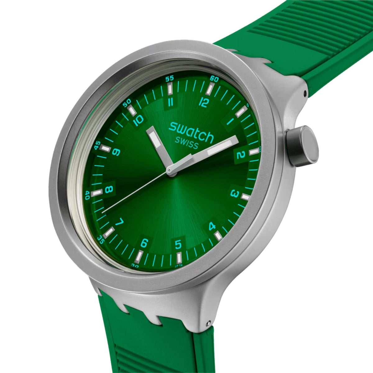 Green dial quartz watch with green rubber strap, silver-tone case and crown