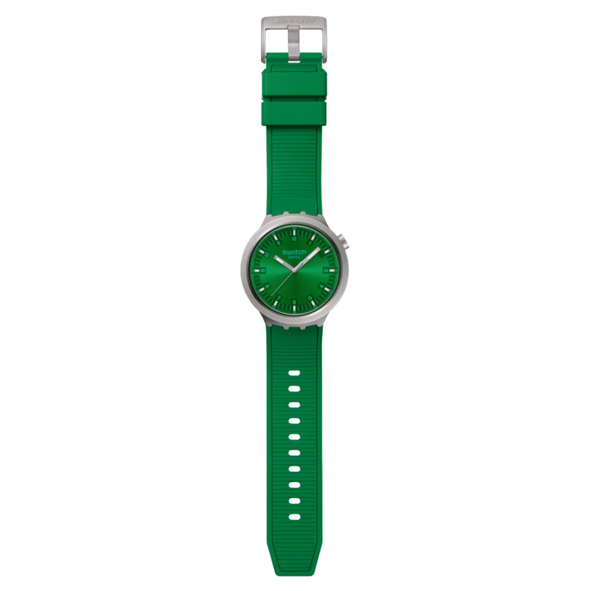 Green dial quartz watch with green rubber strap, side profile view