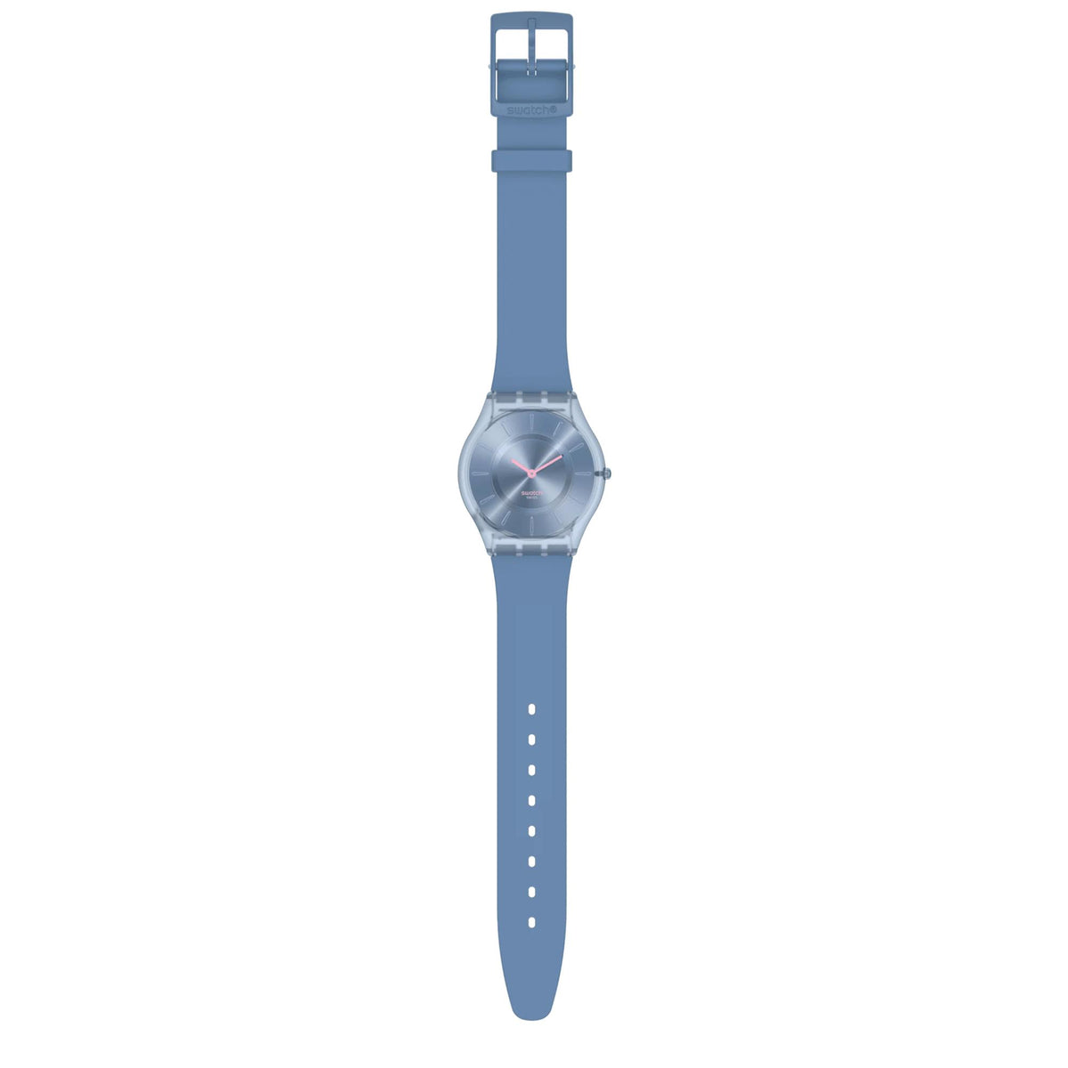 Denim blue Swatch women's watch with blue silicone strap and round side profile