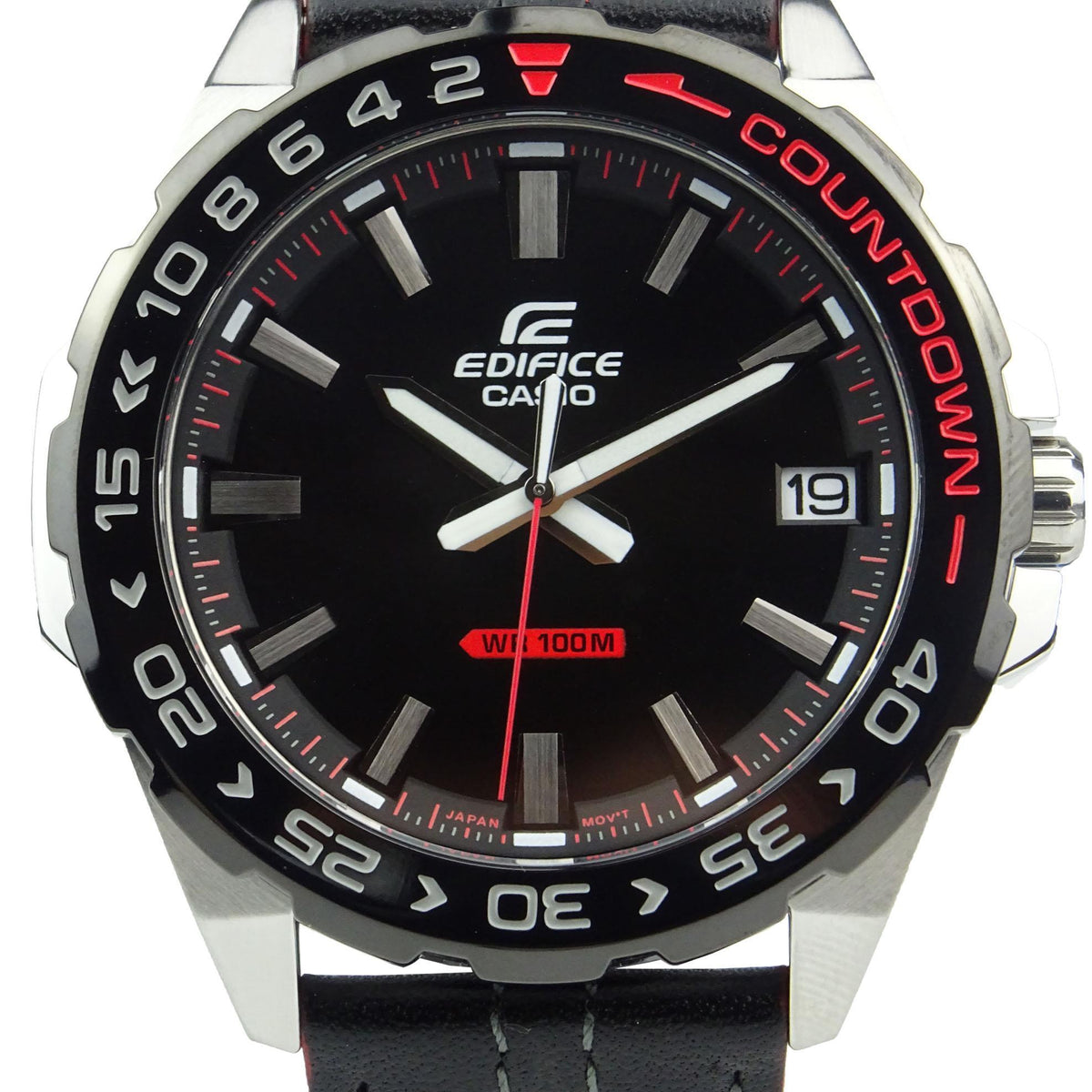 Men's stainless steel quartz watch with black dial, red accents, Countdown bezel, leather strap