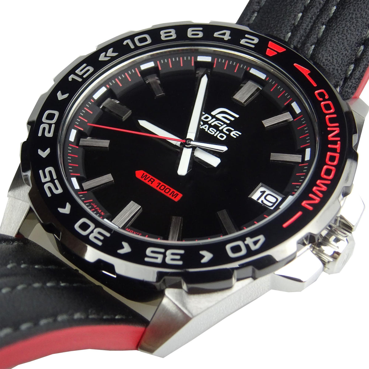 Men's stainless steel watch with black leather strap, black dial, Countdown bezel, date window