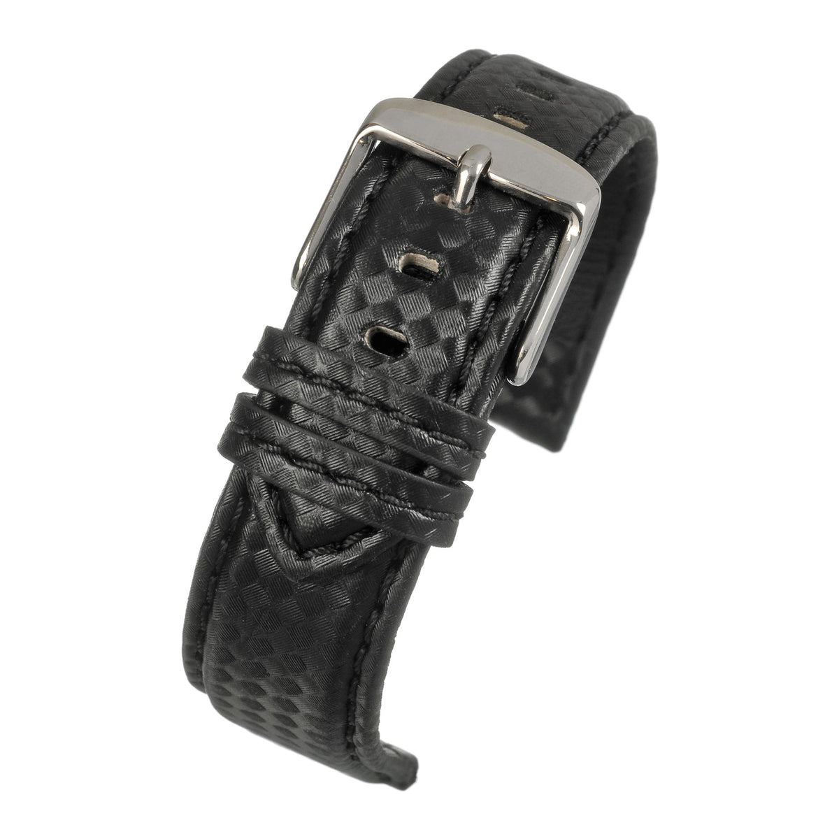 Black watch strap with carbon texture, black stitching, and silver buckle