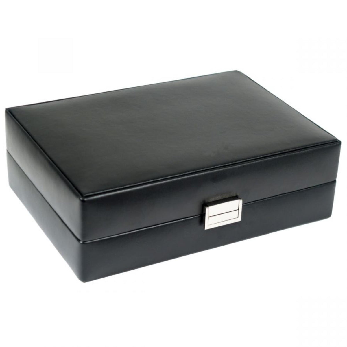 WOLF Heritage watch box with valet, dark leather-look case with silver latch, angled view
