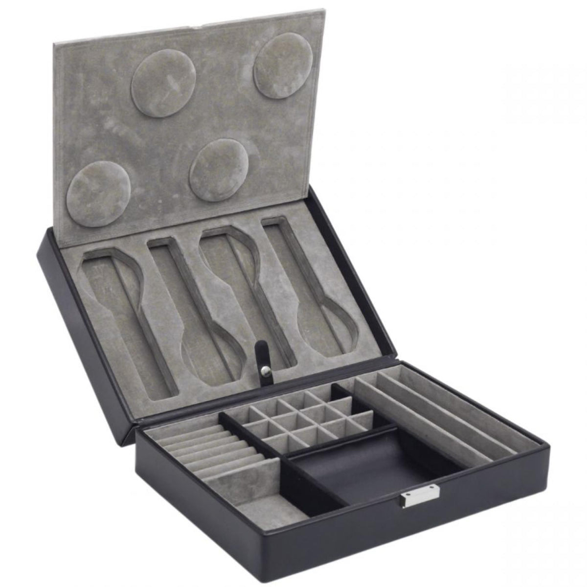 WOLF Heritage watch box with valet, open with circular watch cushions and four long slots